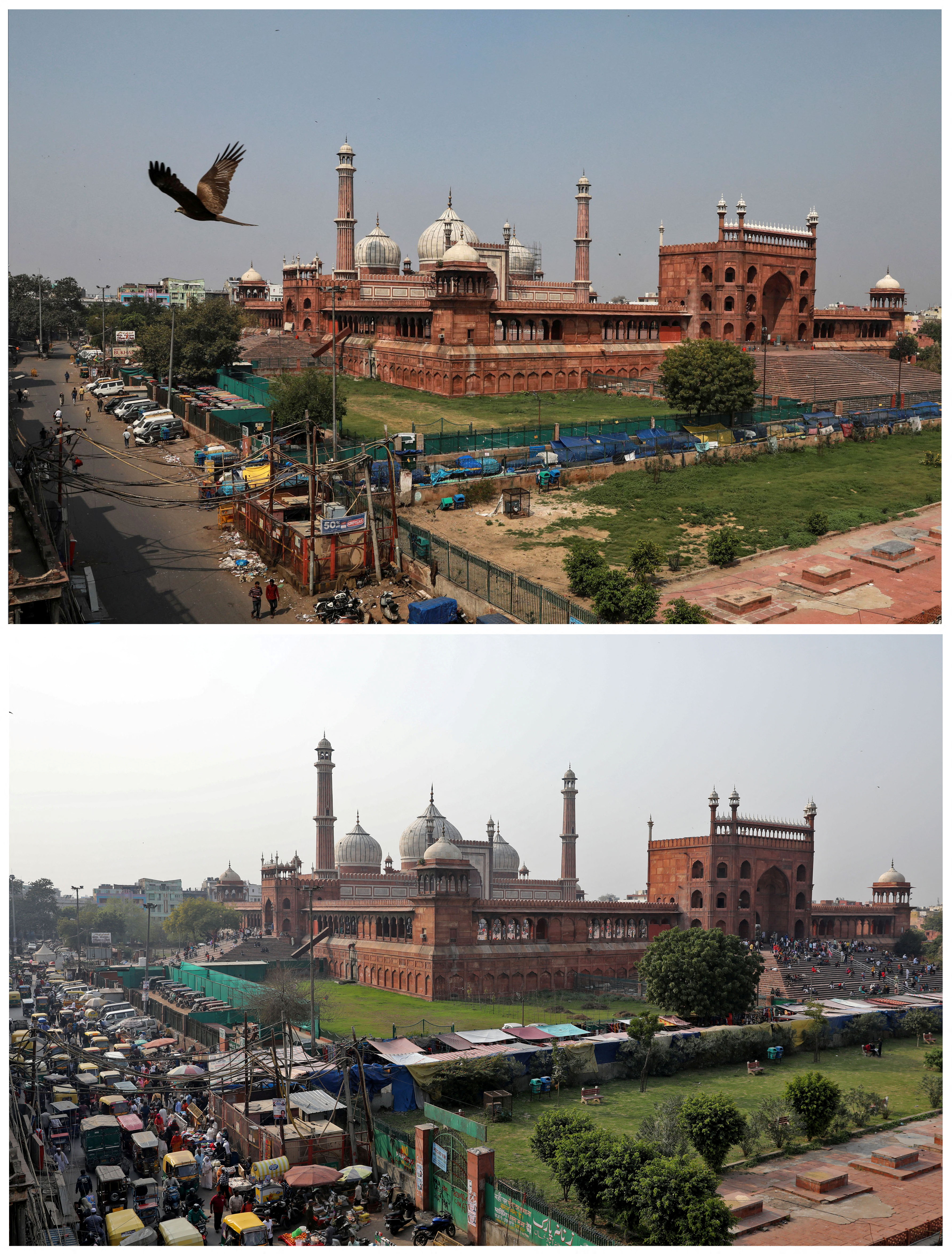A combination picture shows a nearly empty road next to Jama Masjid (Grand Mosque) during a 14-hour curfew to limit the spread of coronavirus disease (COVID-19) in the country, in the old quarters of New Delhi