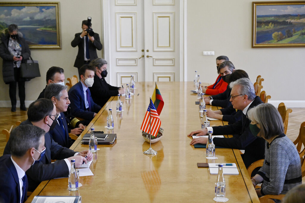 US Secretary of State Antony Blinken, third left from bottom, meets with Lithuanian President Gitanas Nauseda, second right, in Vilnius, Lithuania.