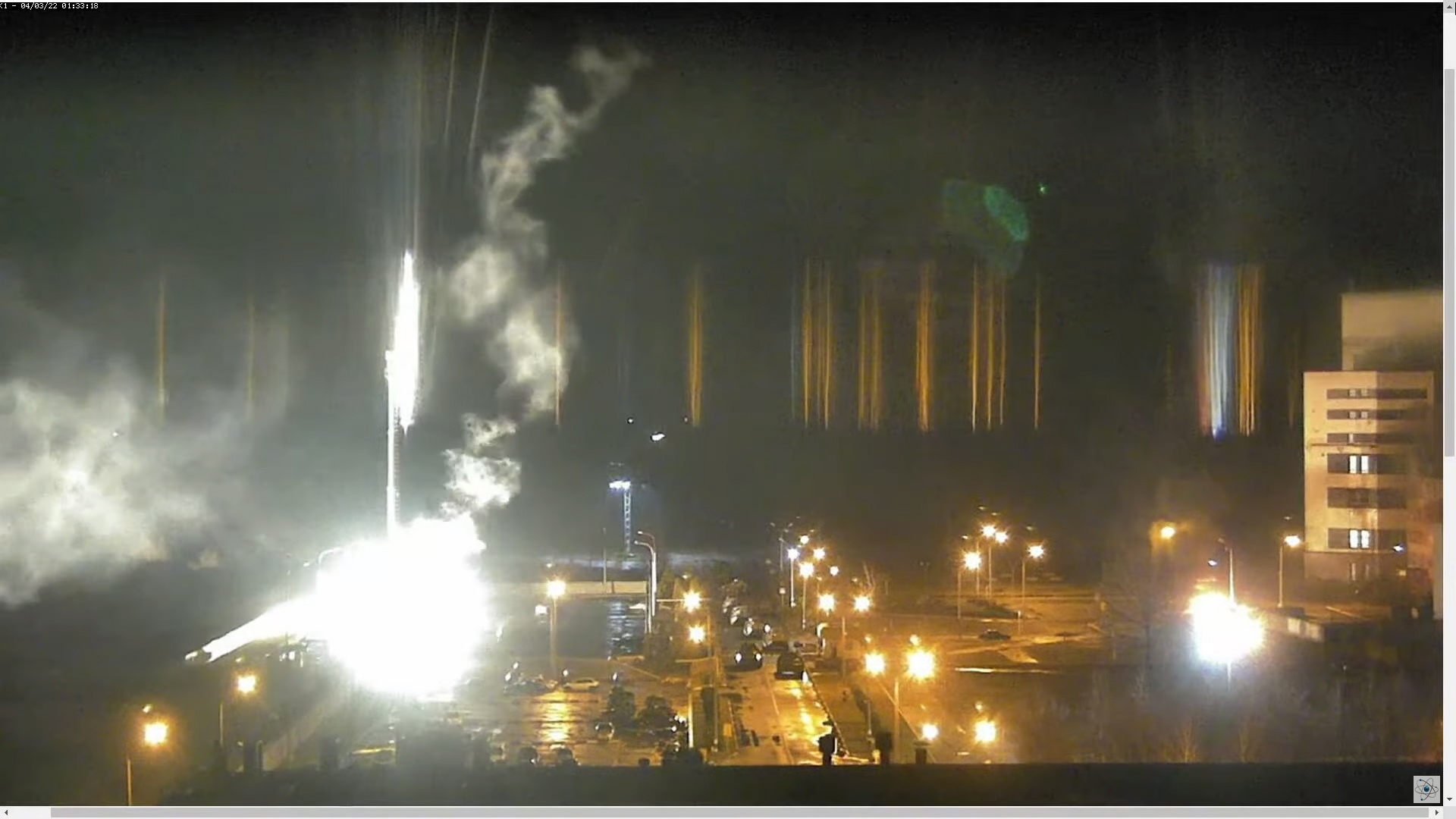 Surveillance camera footage shows a flare landing at the Zaporizhzhia nuclear power plant
