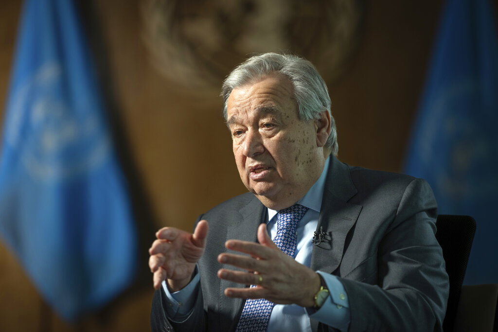 UN Secretary-General Antonio Guterres sits for an interview at the UN Headquarters in New York