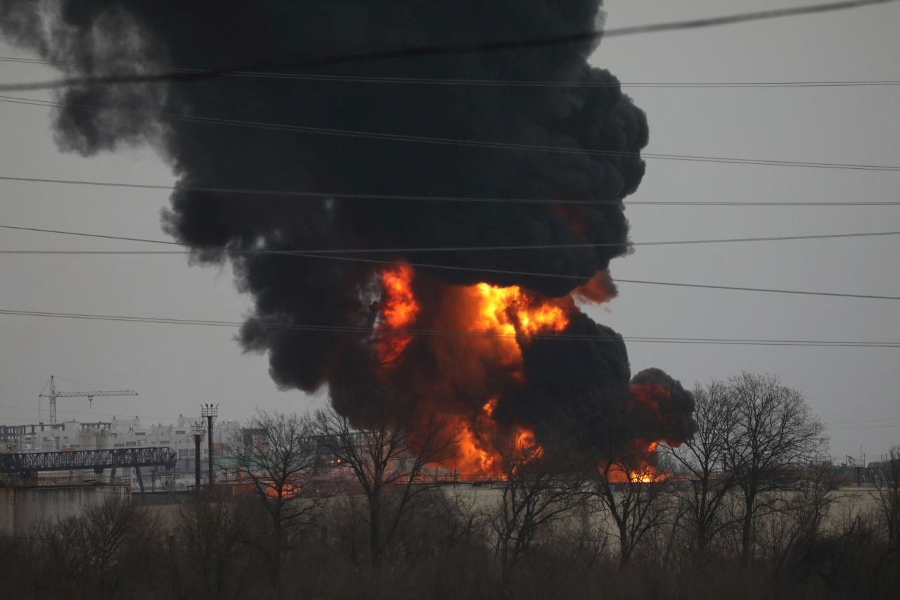 A view shows a fuel depot on fire in the city of Belgorod, Russia