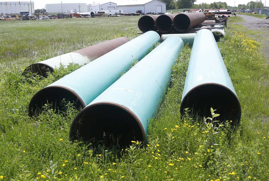 Pipeline used to carry crude oil is shown at the Superior, Wisconsin terminal of Enbridge Energy.