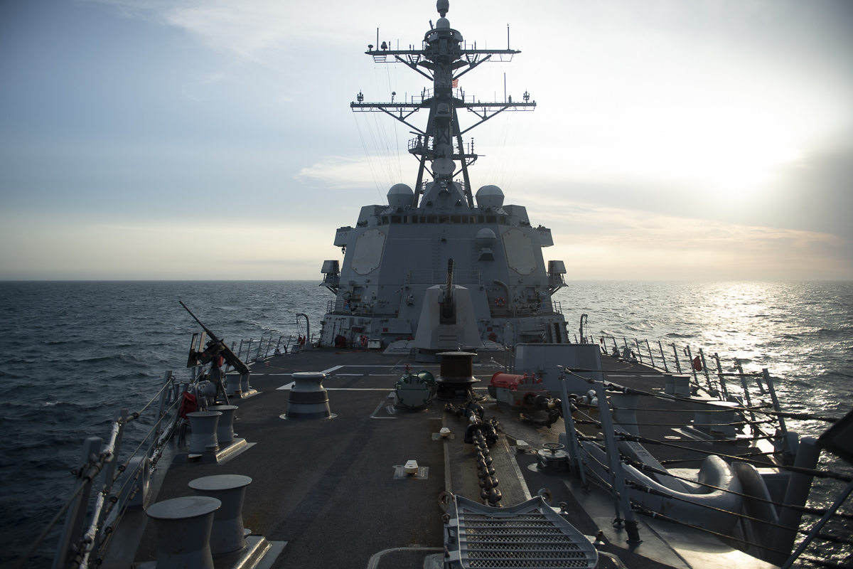 A view down the deck of the USS Sampson as it travels through the Taiwan Strait