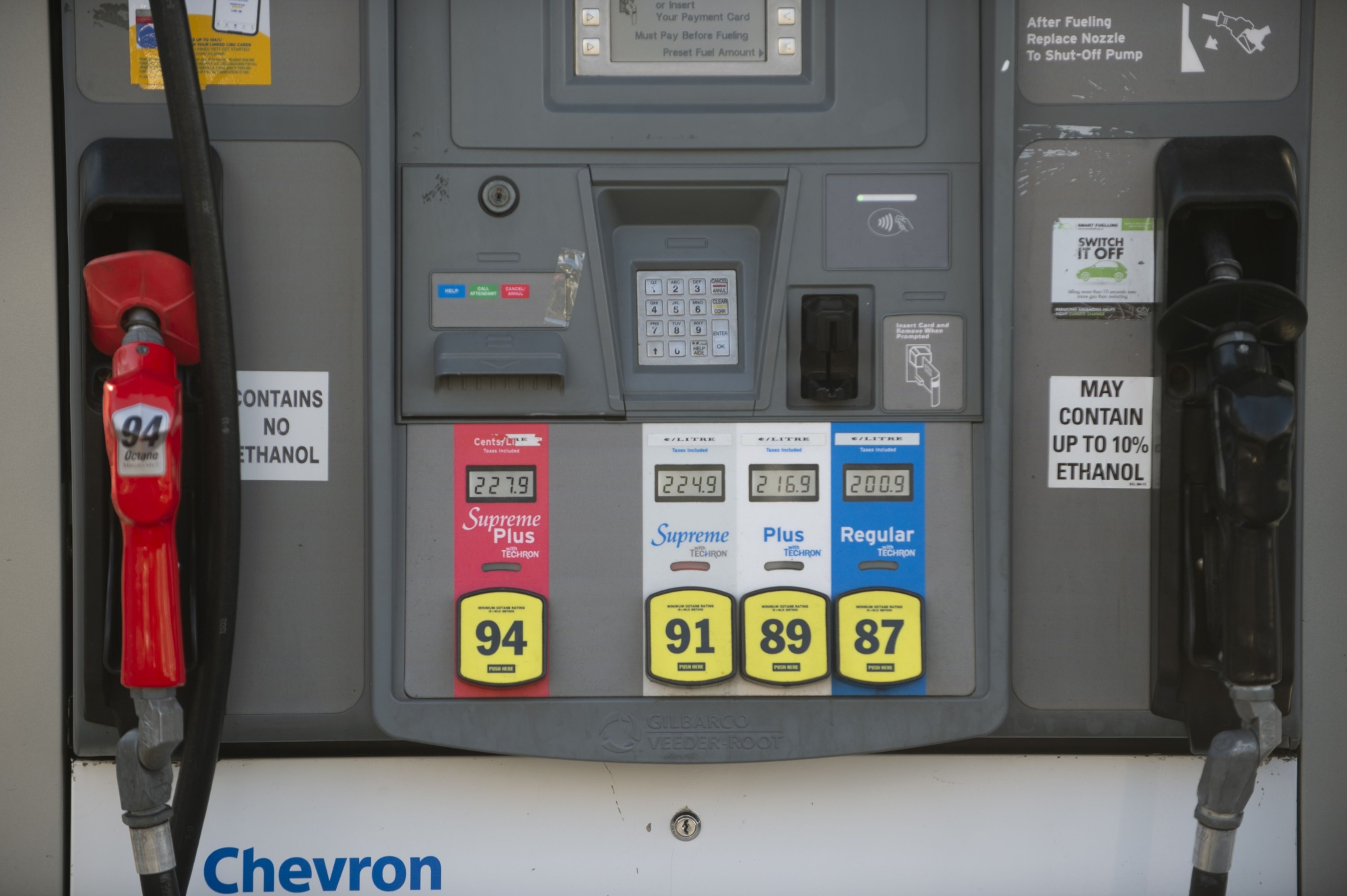 A fuel pump with prices above $2 a litre at a gas station in North Vancouver, British Columbia, Canada