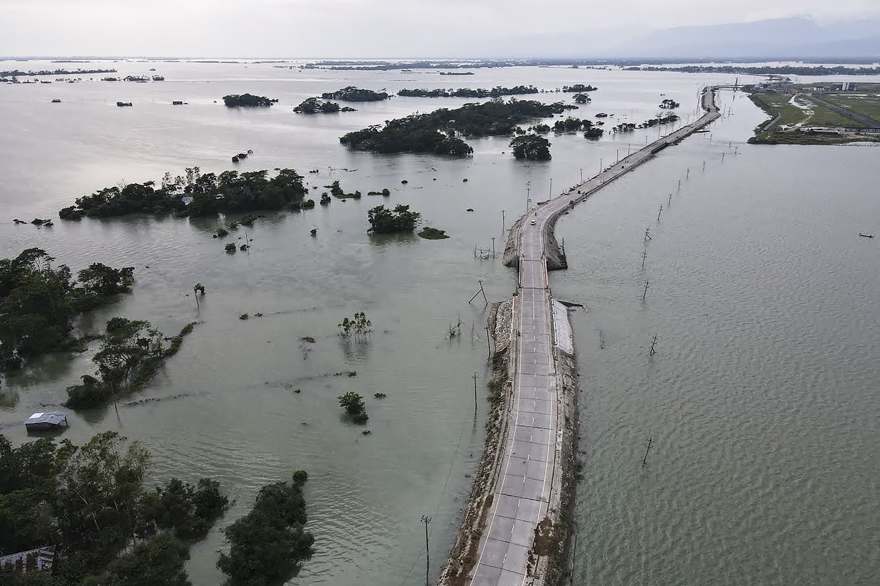 Aerial photograph shows a large flooded area following heavy rains in Companiganj