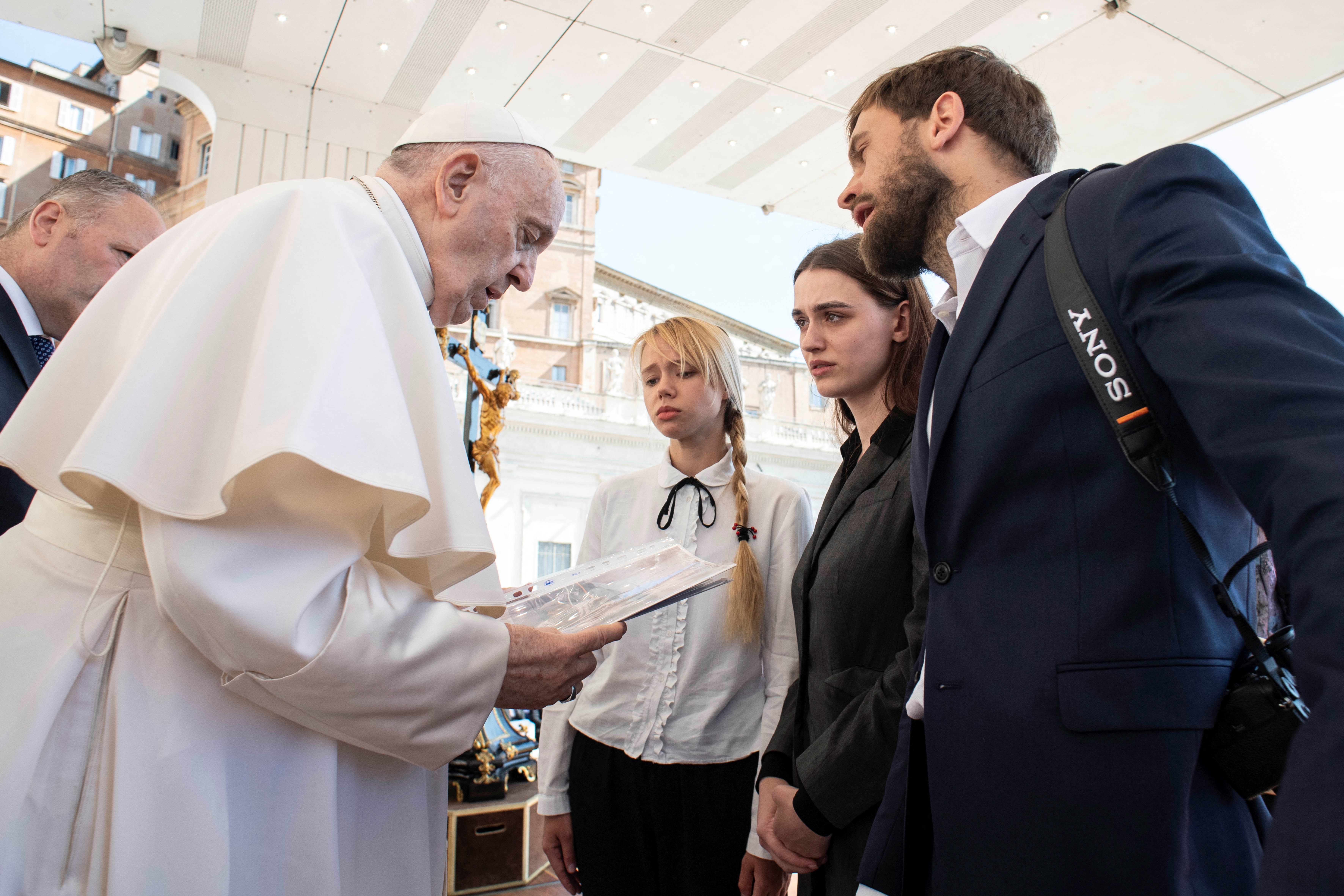 Wives of Ukrainian Azov soldiers currently trapped inside the Azovstal Iron and Steel Works in Mariupol meet with Pope Francis.