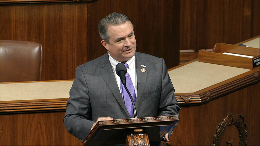 Rep. Don Bacon, R-Neb., speaks as the House of Representatives debates the articles of impeachment against President Donald Trump at the Capitol in Washington, Wednesday, Dec. 18, 2019.