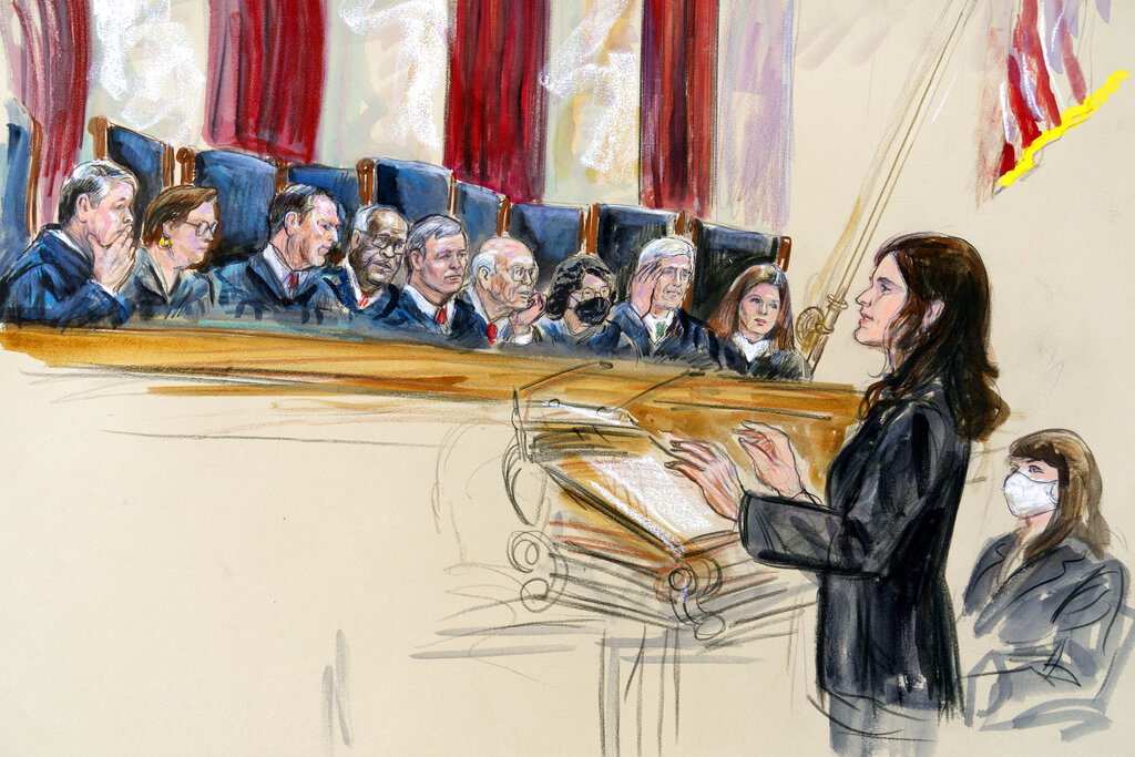 This artist sketch depicts Center for Reproductive Rights Litigation Director Julie Rikelman arguing before the Supreme Court om abortion rights.