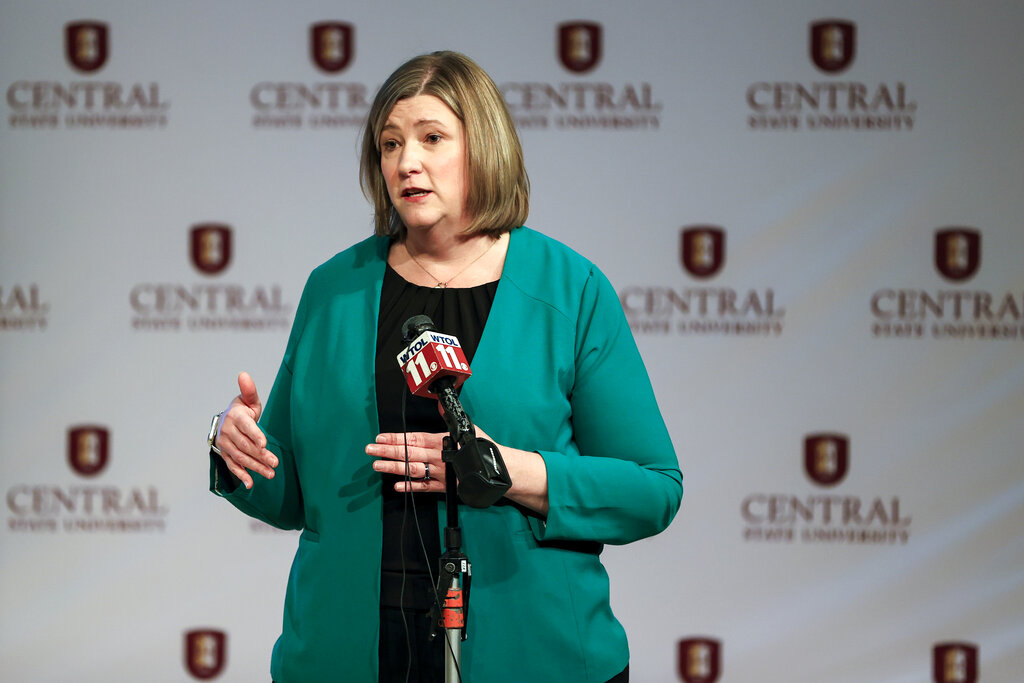 Nan Whaley, former Mayor of Dayton, running for Ohio governor, speaks to reporters following a debate against Democrat John Cranley at Central State University in Wilberforce, Ohio