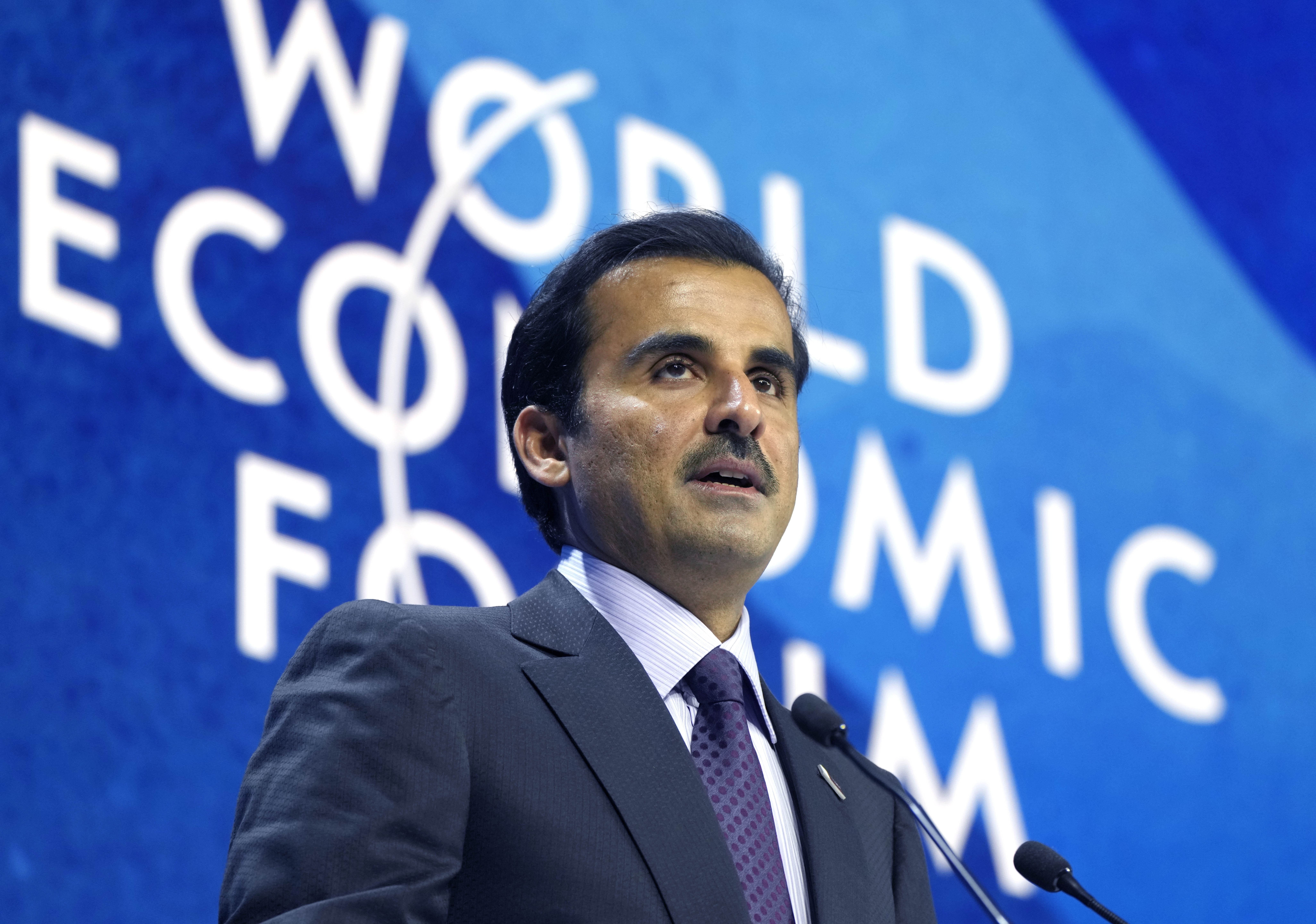 The Emir of Qatar, Sheikh Tamim bin Hamad Al Thani speaks during the World Economic Forum in Davos, Switzerland