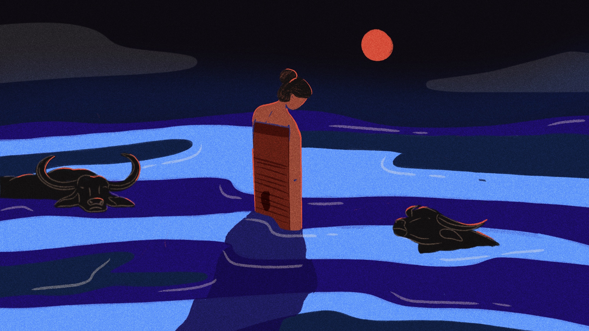 Illustration of a woman bathing in a lake with two water buffaloes watching