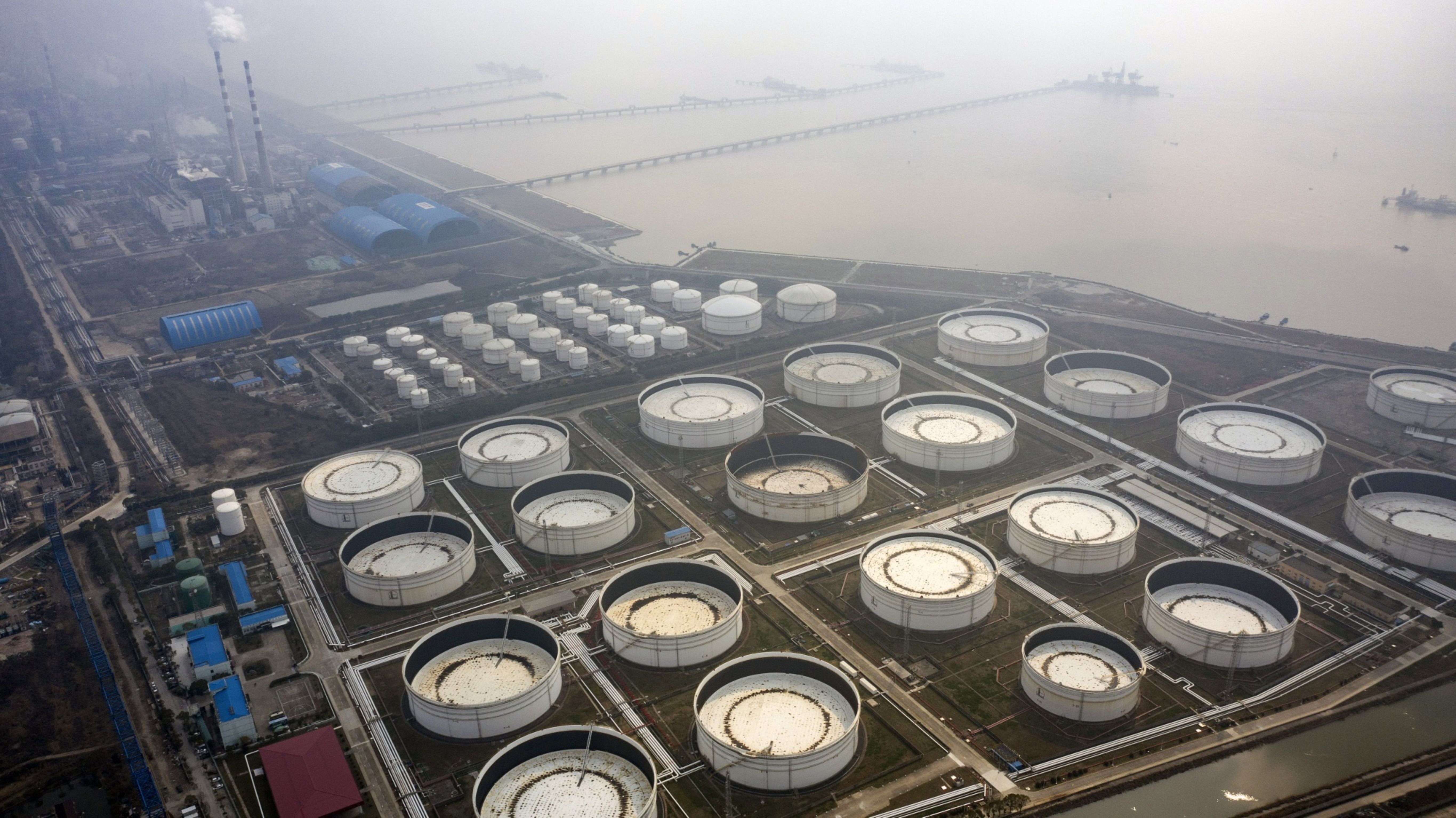 An oil and petrochemical storage facility on the outskirts of Shanghai, China