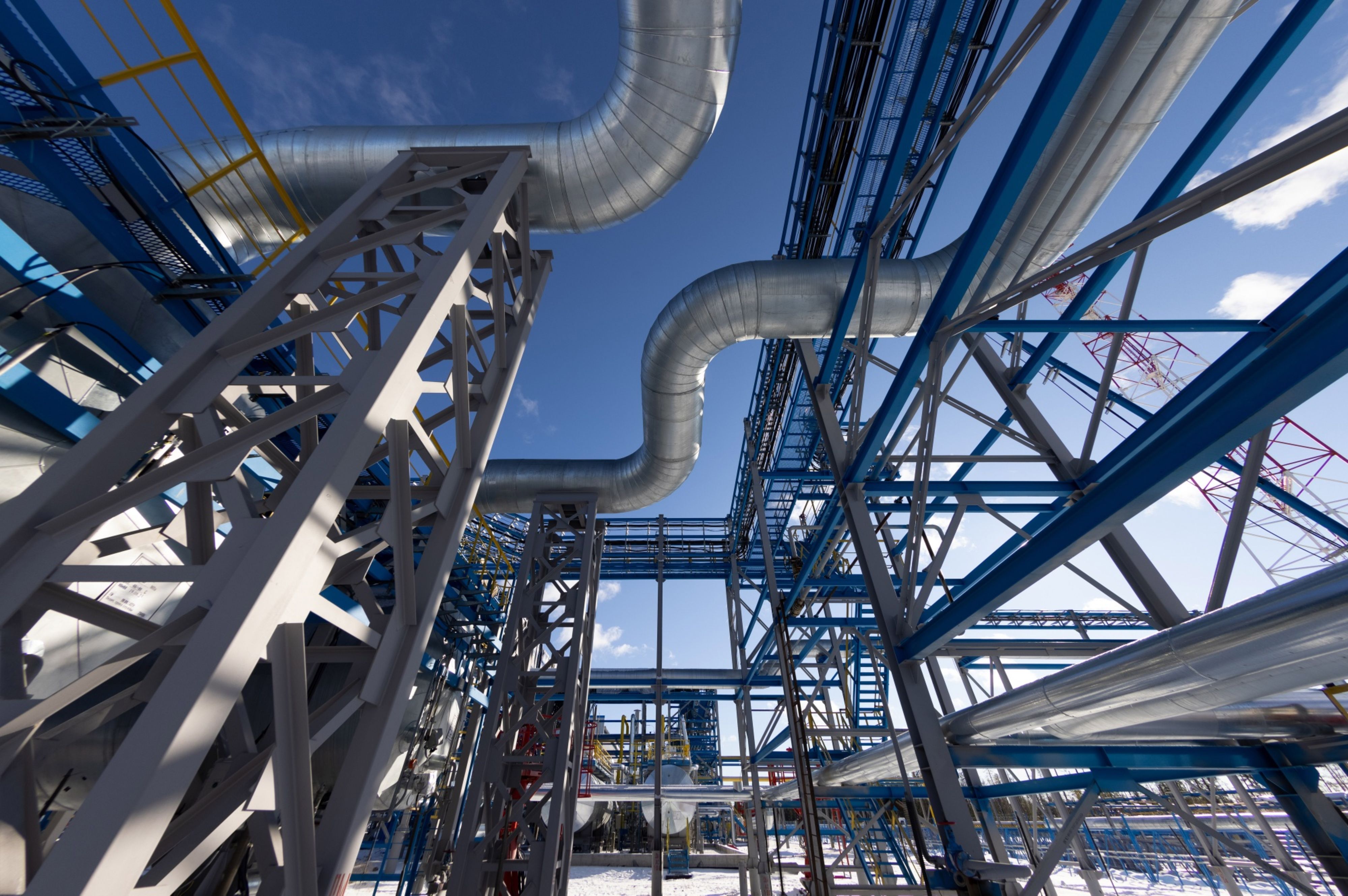 Pipework at a gas pre-treatment unit at the Gazprom PJSC Chayandinskoye oil, gas and condensate field, a resource base for the Power of Siberia gas pipeline, in the Lensk district of the Sakha Republic, Russia