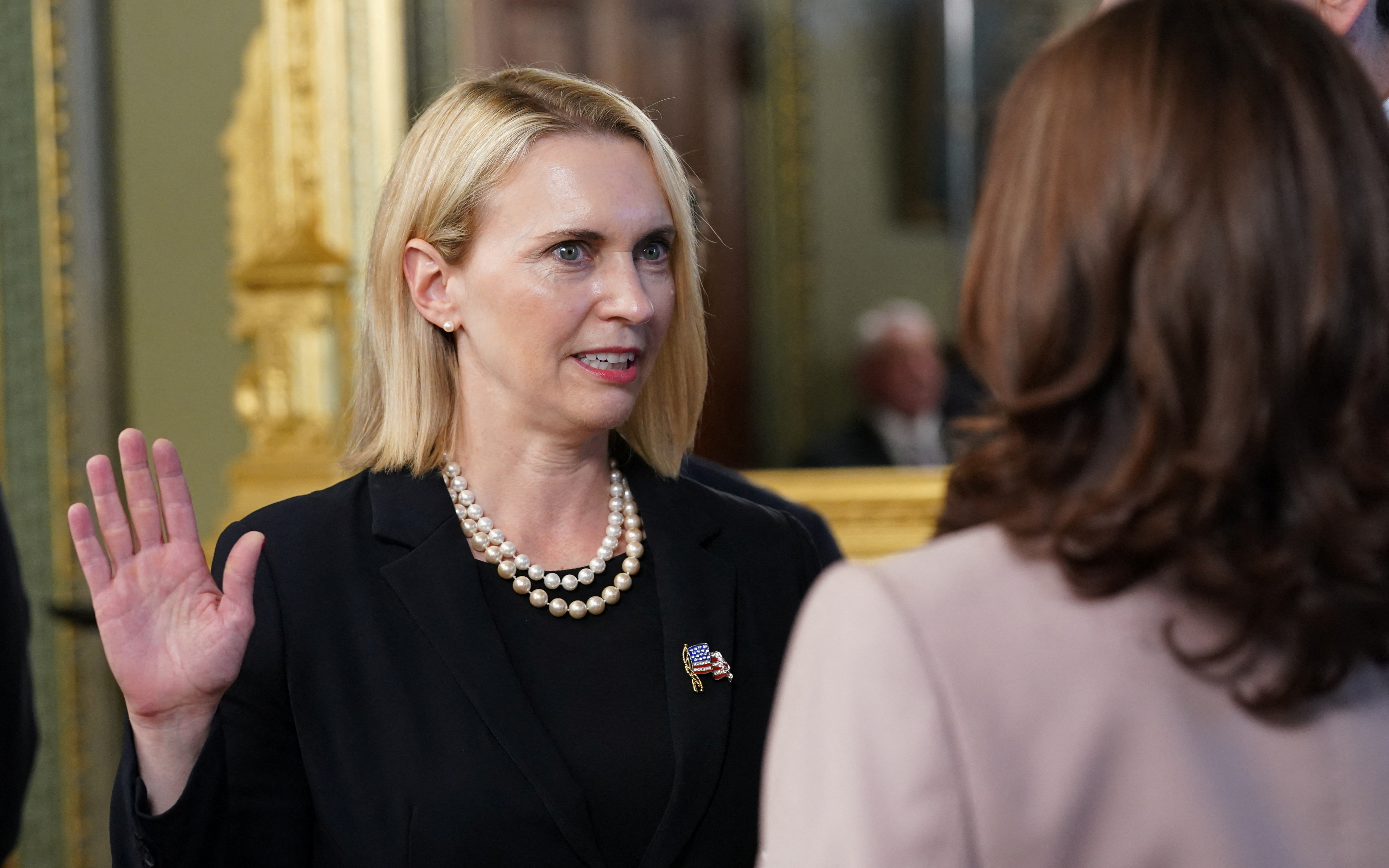 US Vice President Kamala Harris ceremonially swears-in Bridget Brink as the Ambassador to Ukraine at the White House in Washington, US June 27, 2022