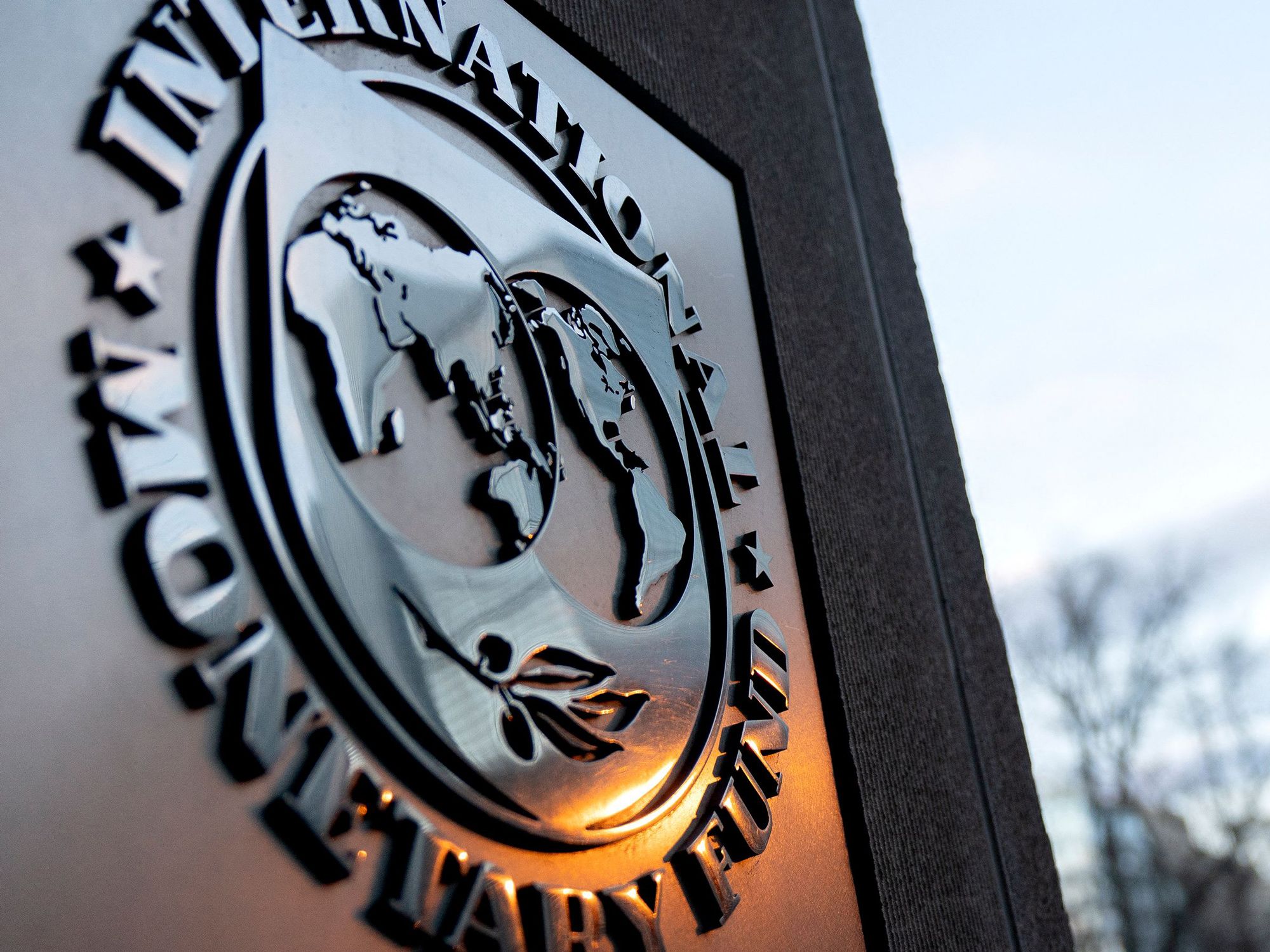 The seal for the International Monetary Fund is seen near the World Bank headquarters in Washington, DC