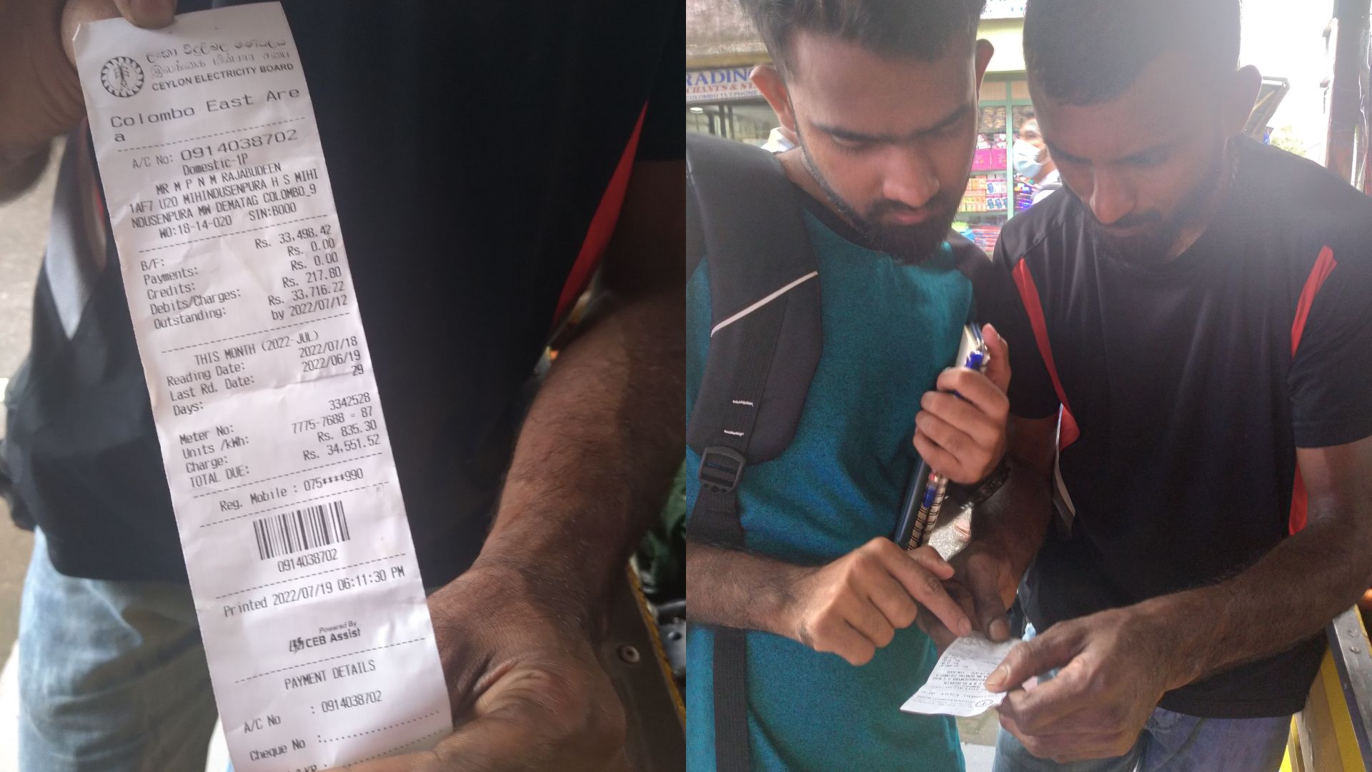 Two men look at an electricity bill