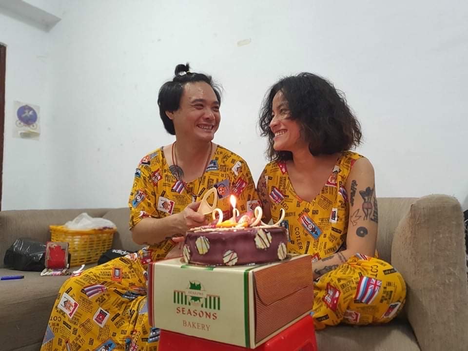 Thazin and Zeyar celebrate with a cake for Thazin's birthday on July 29, 2021.