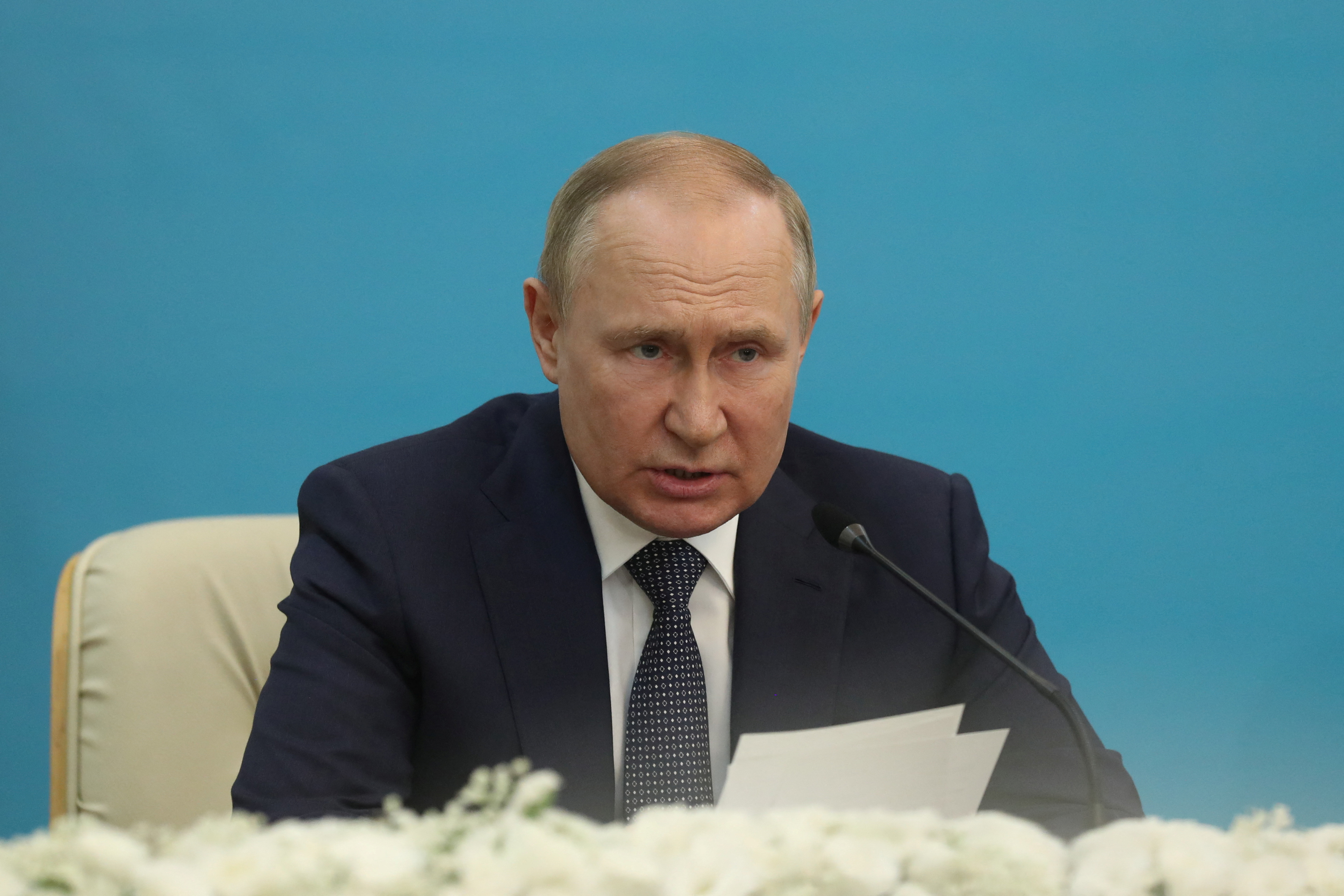 Russian President Vladimir Putin attends a news conference following the Astana Process summit in Tehran, Iran