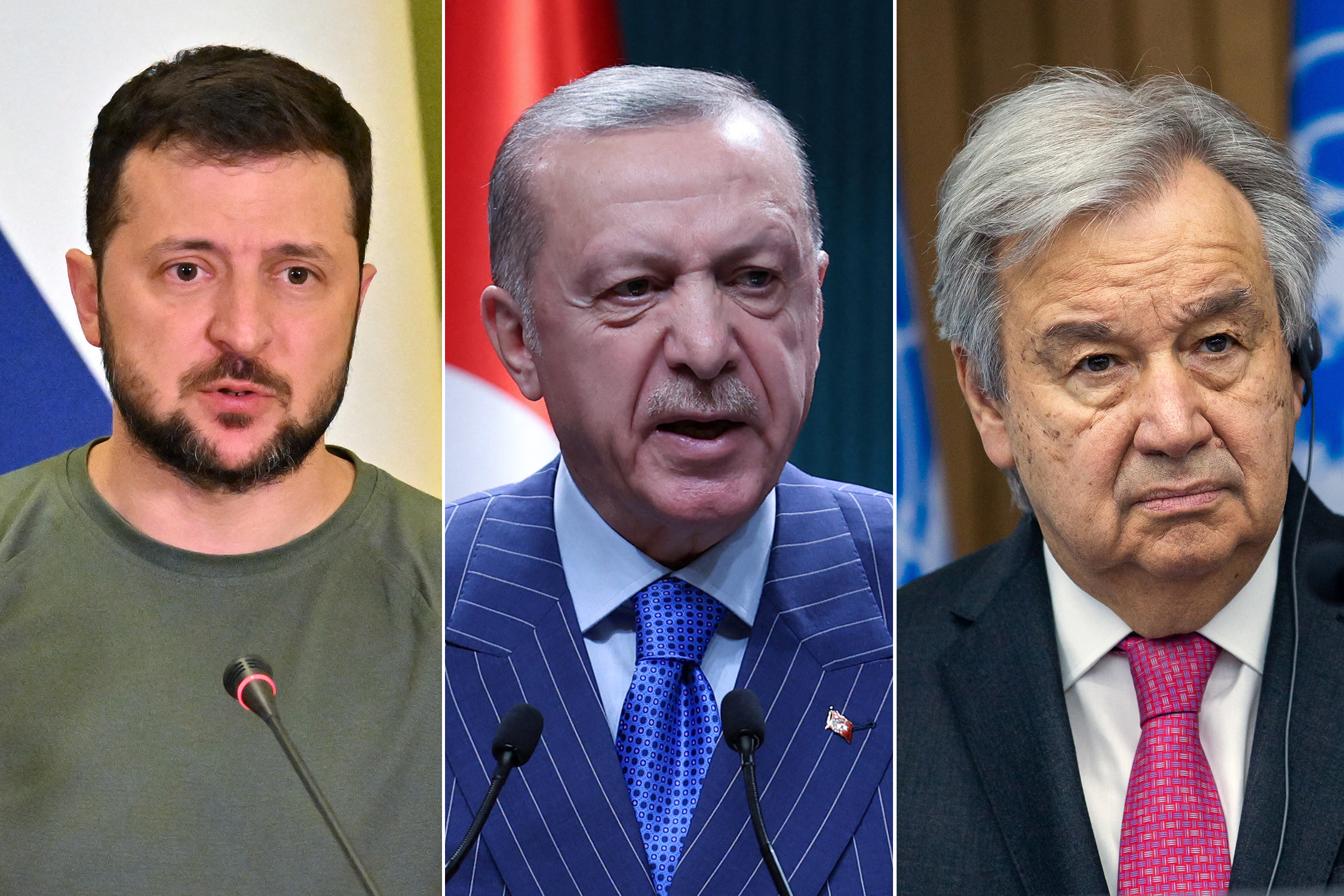 Ukrainian President Volodymyr Zelenskyy, his Turkish counterpart Recep Tayyip Erdogan, and United Nations chief Antonio Guterres