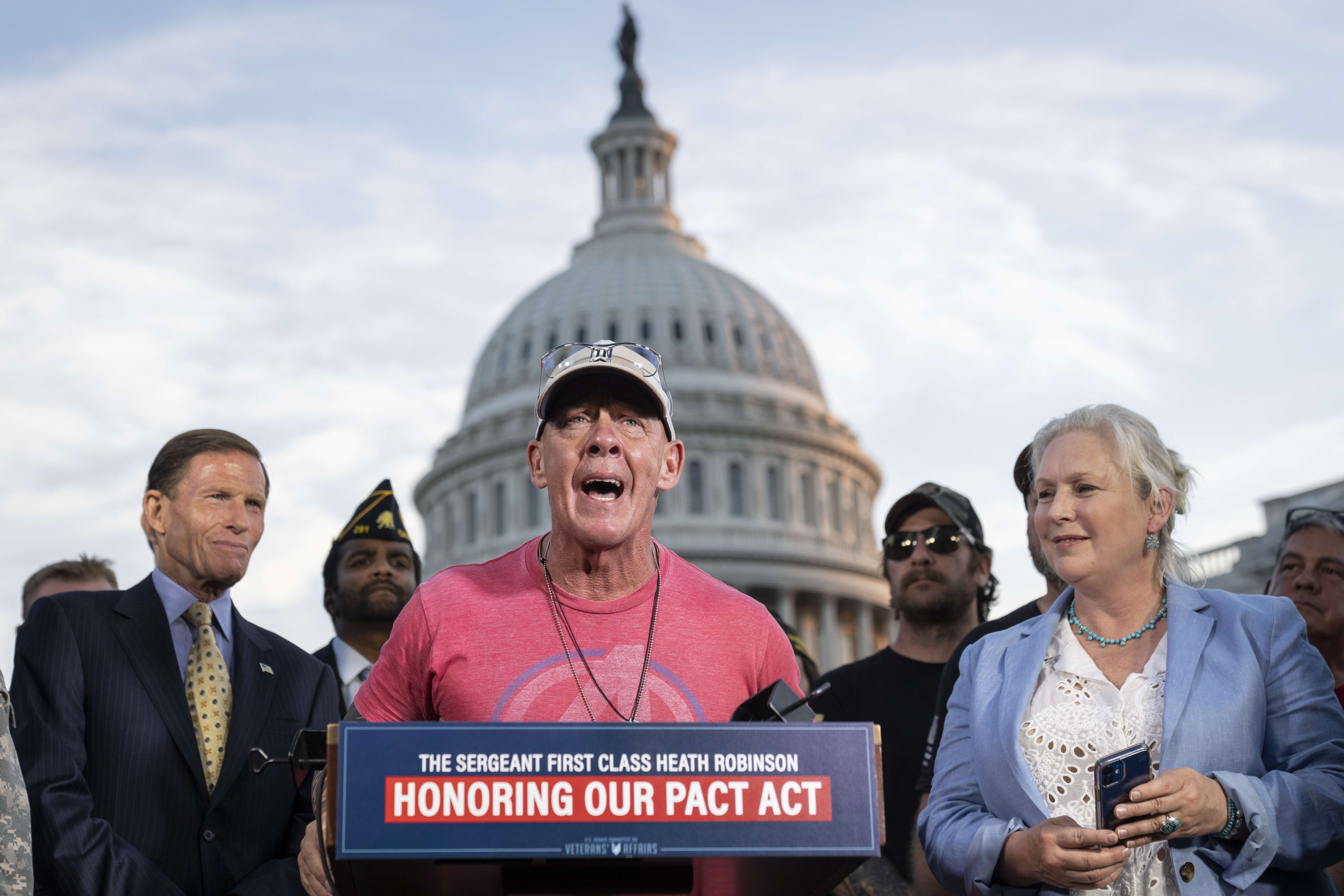 Veterans' rights activist John Feal addressing the media after the US Senate passed the PACT Act earlier this month.