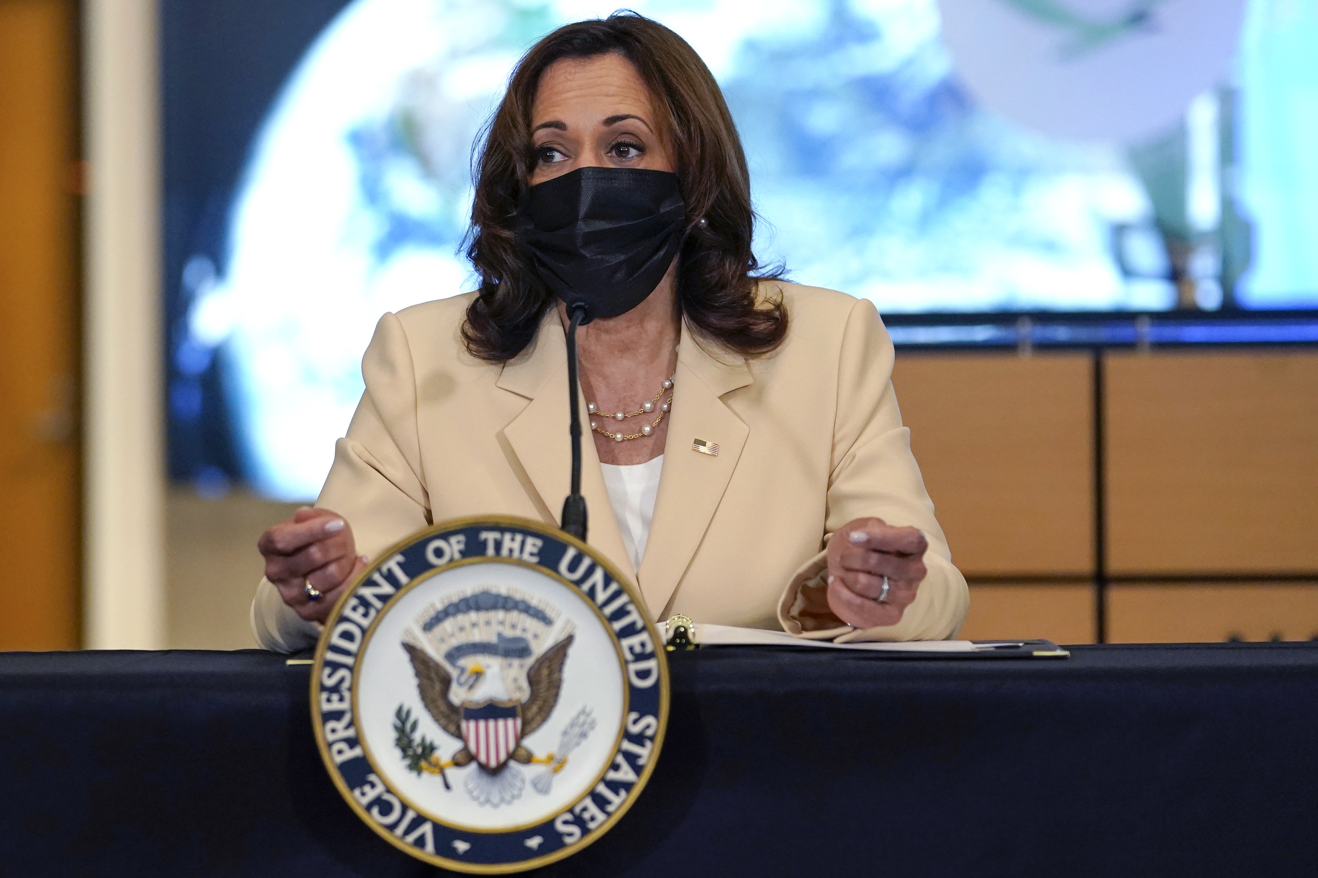 Kamala Harris speaking at an event in Miami, Florida.