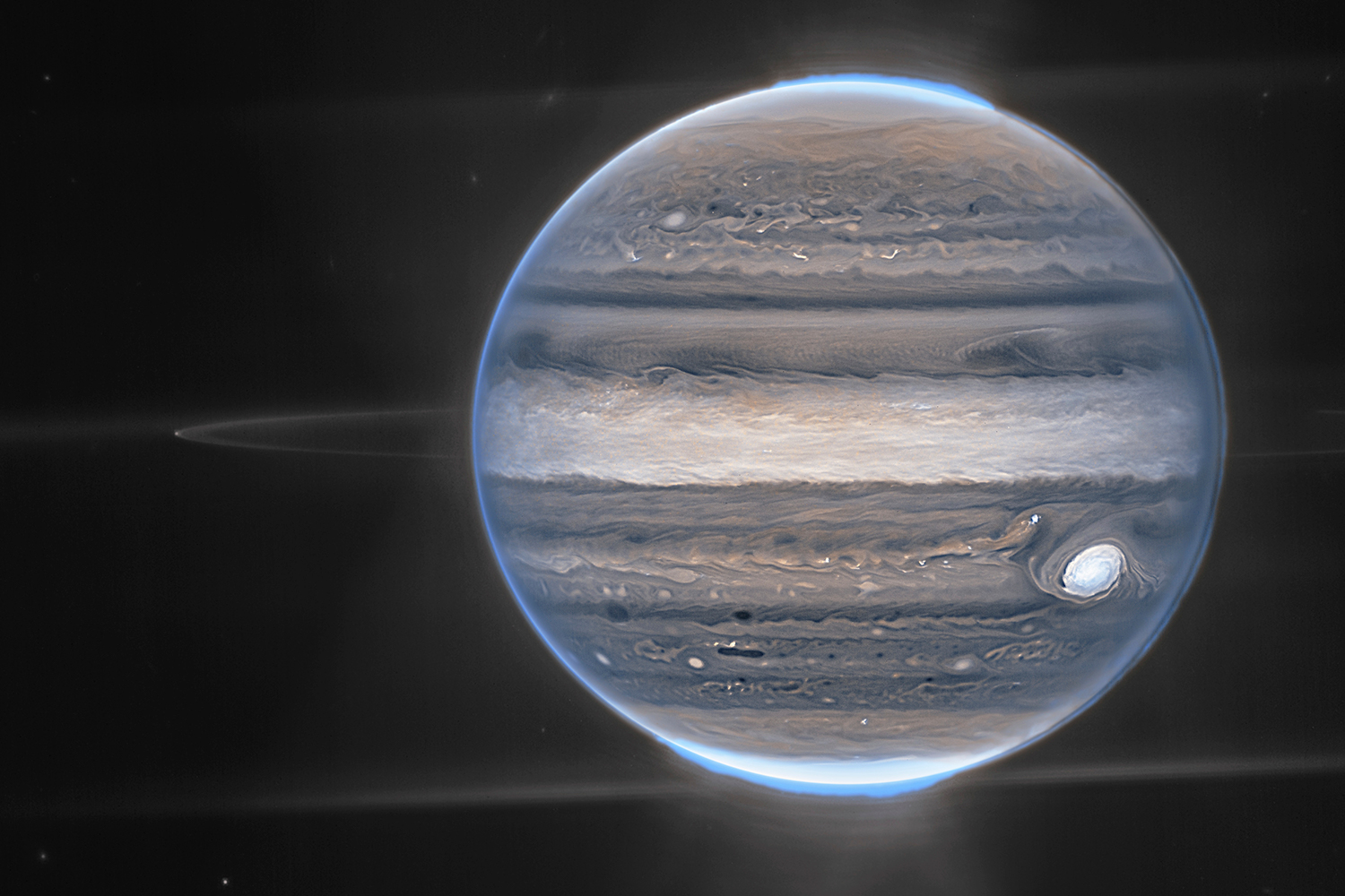 This image provided by NASA shows a false color composite image of Jupiter obtained by the James Webb Space Telescope