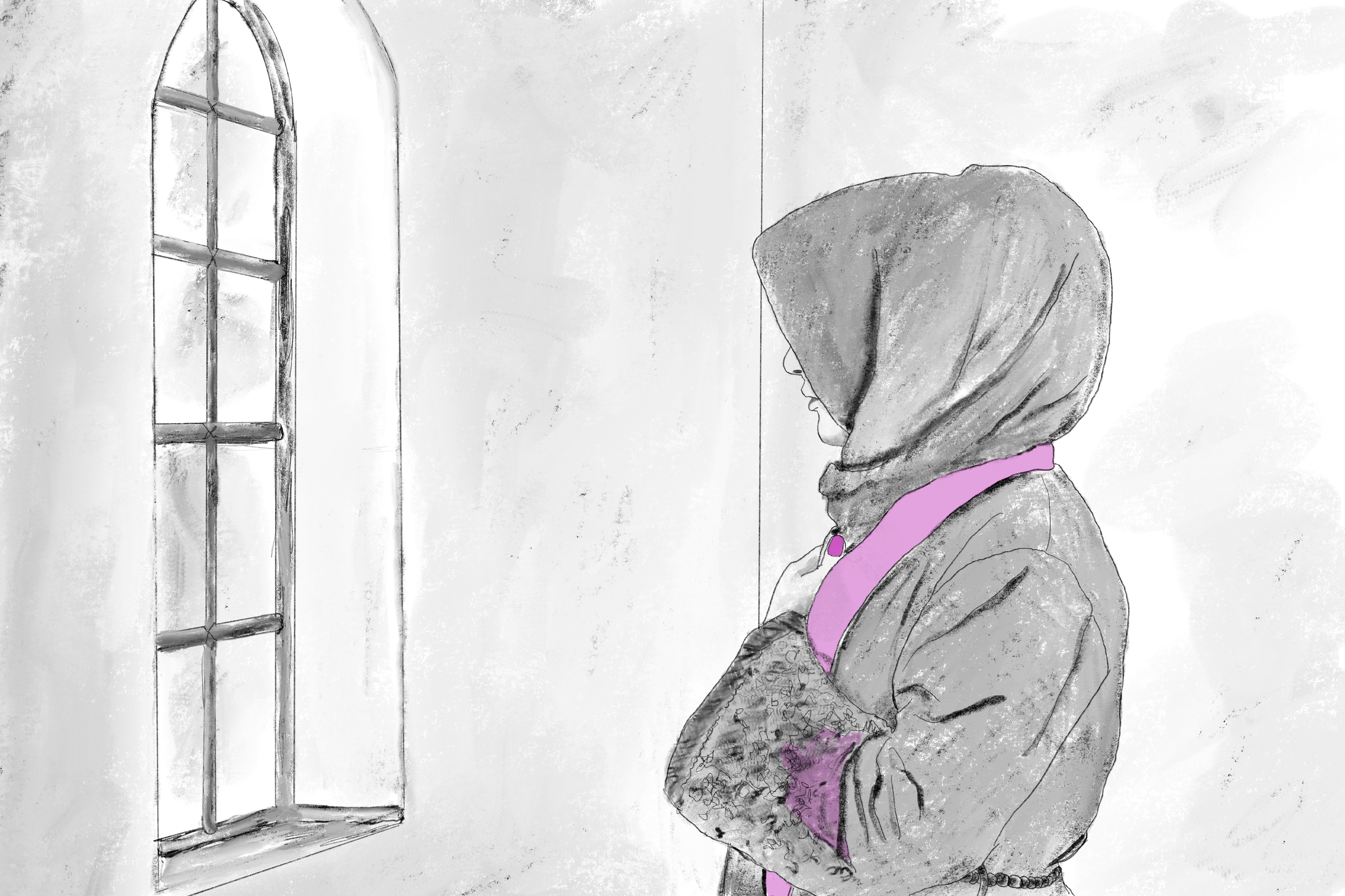 An illustration of a woman looking through a window.