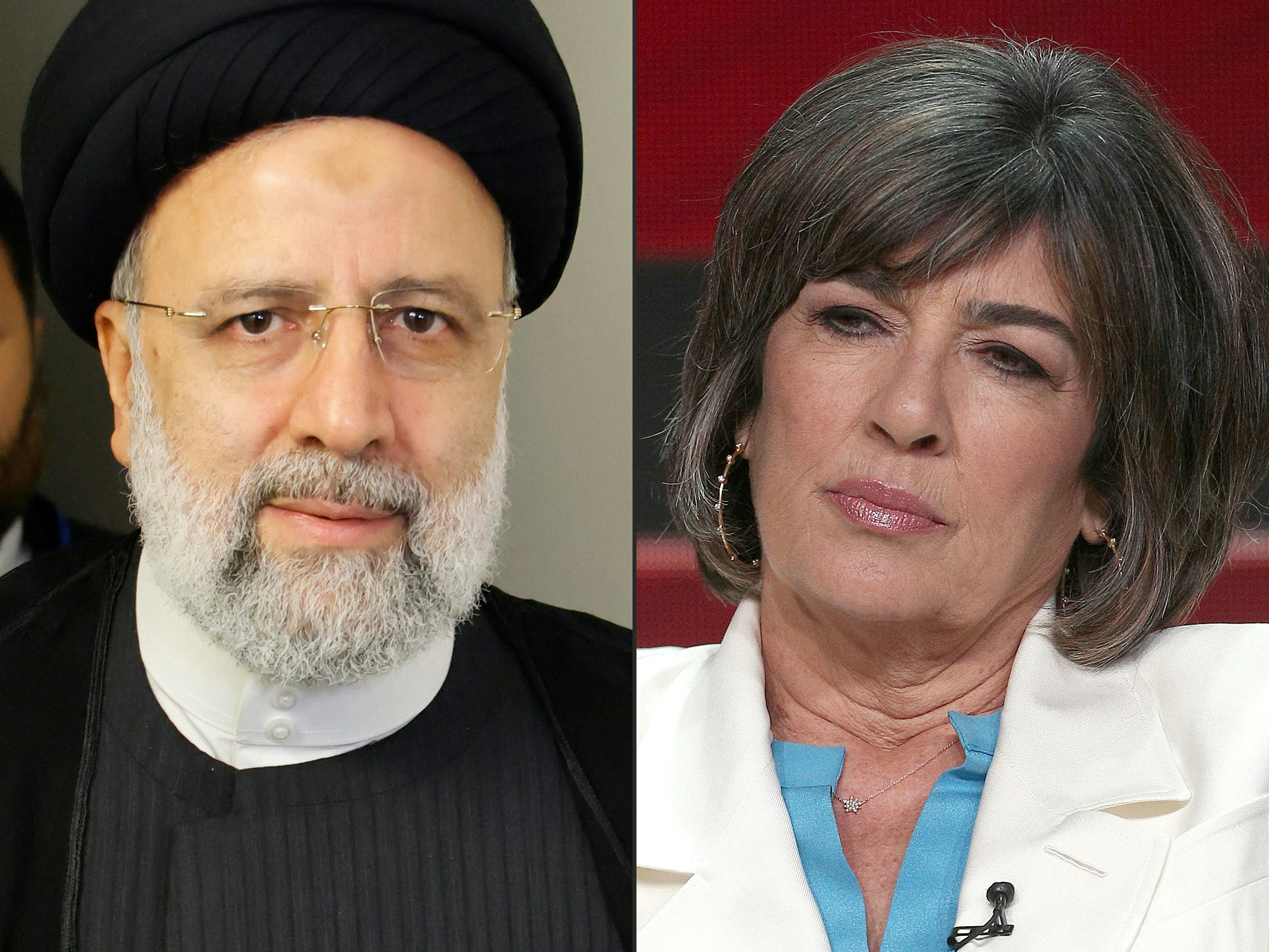 (COMBO) This combination of pictures created on September 22, 2022 shows Iranian President Ebrahim Raisi at the UN headquarters in New York City on September 20, 2022 and Christiane Amanpour at the Beverly Hilton Hotel, on July 30, 2018 in Beverly Hills, California. - Veteran journalist Christiane Amanpour said September 22, 2022 that an interview with Iranian President Ebrahim Raisi was scrapped after he insisted she wear a headscarf, the focus of major protests in the cleric-run state. (Photo by Ludovic MARIN and Frederick M. Brown / various sources / AFP)