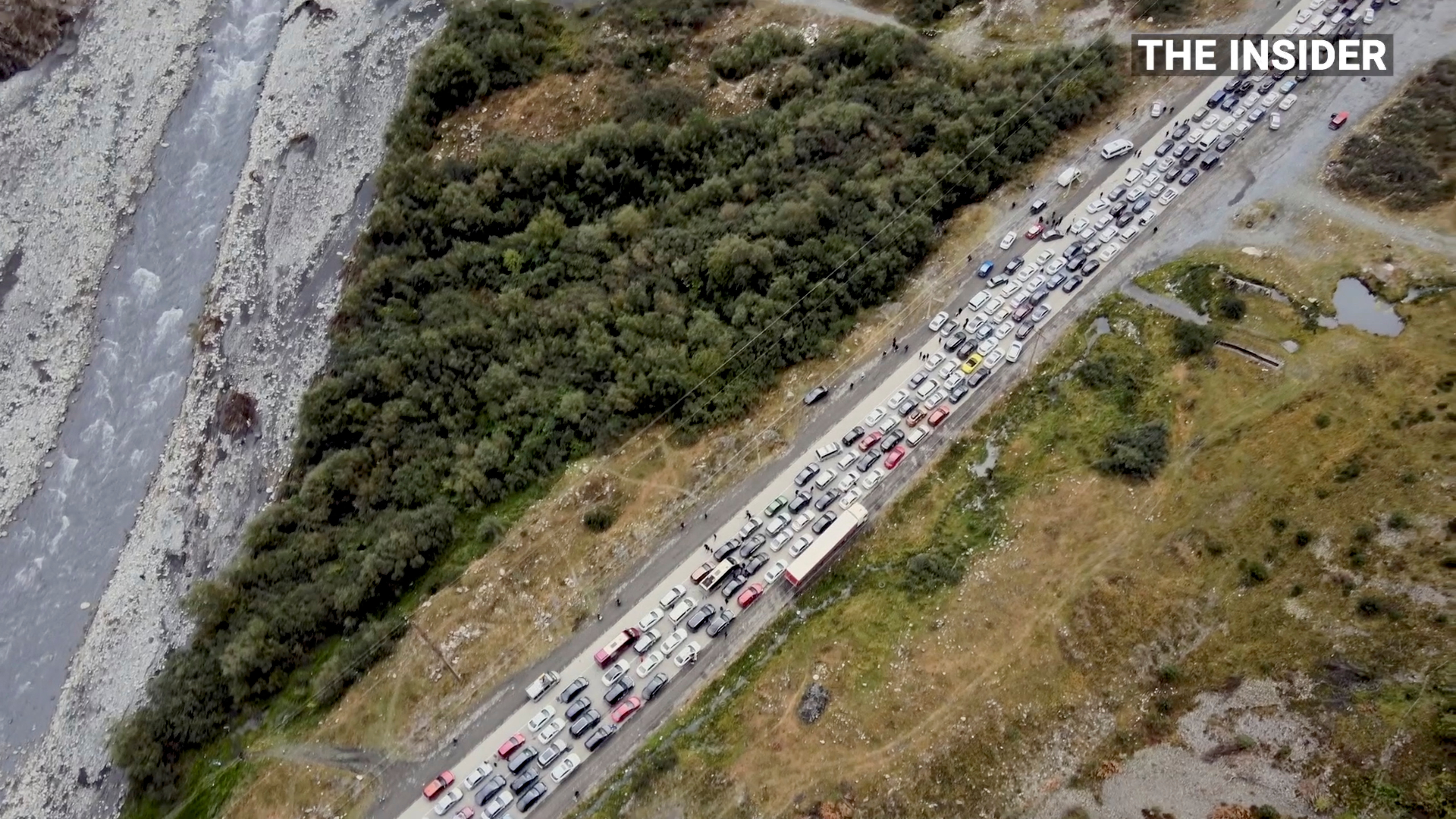 Drone footage shows long queues of vehicles on the way to exit Russia on its border with Georgia, in Verkhny Lars, Russia, September 26