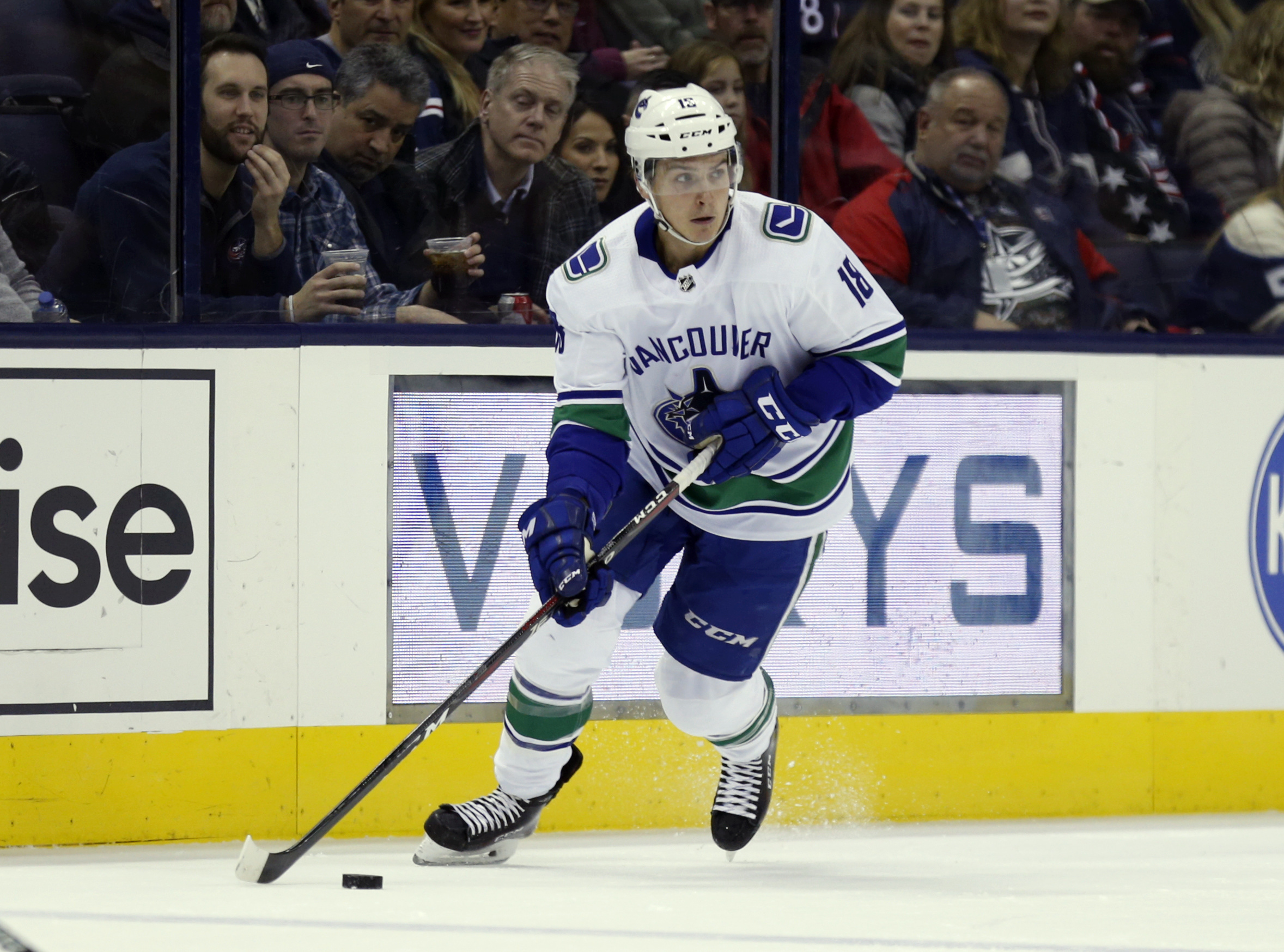 Vancouver Canucks ice hockey player Jake Virtanen (18), seen here in a 2018 game, was declared not guilty of rape by a jury in July, in a case that highlighted mounting concerns over Hockey Canada's handling of sexual assault allegations.(AP Photo/Tony Gutierrez)