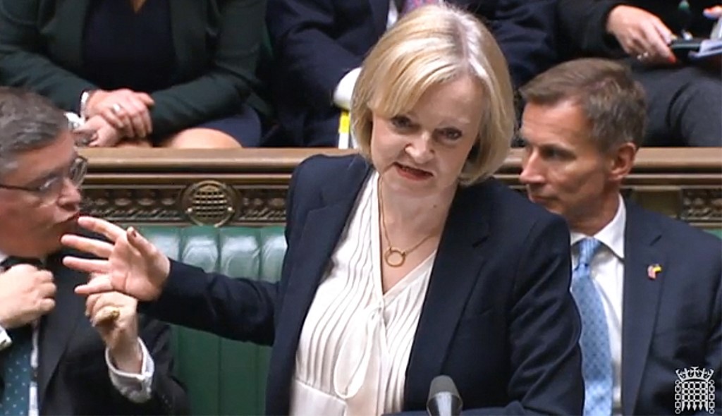 A video grab taken from footage broadcast by the UK Parliament's Parliamentary Recording Unit (PRU) shows Britain's Prime Minister Liz Truss speaking