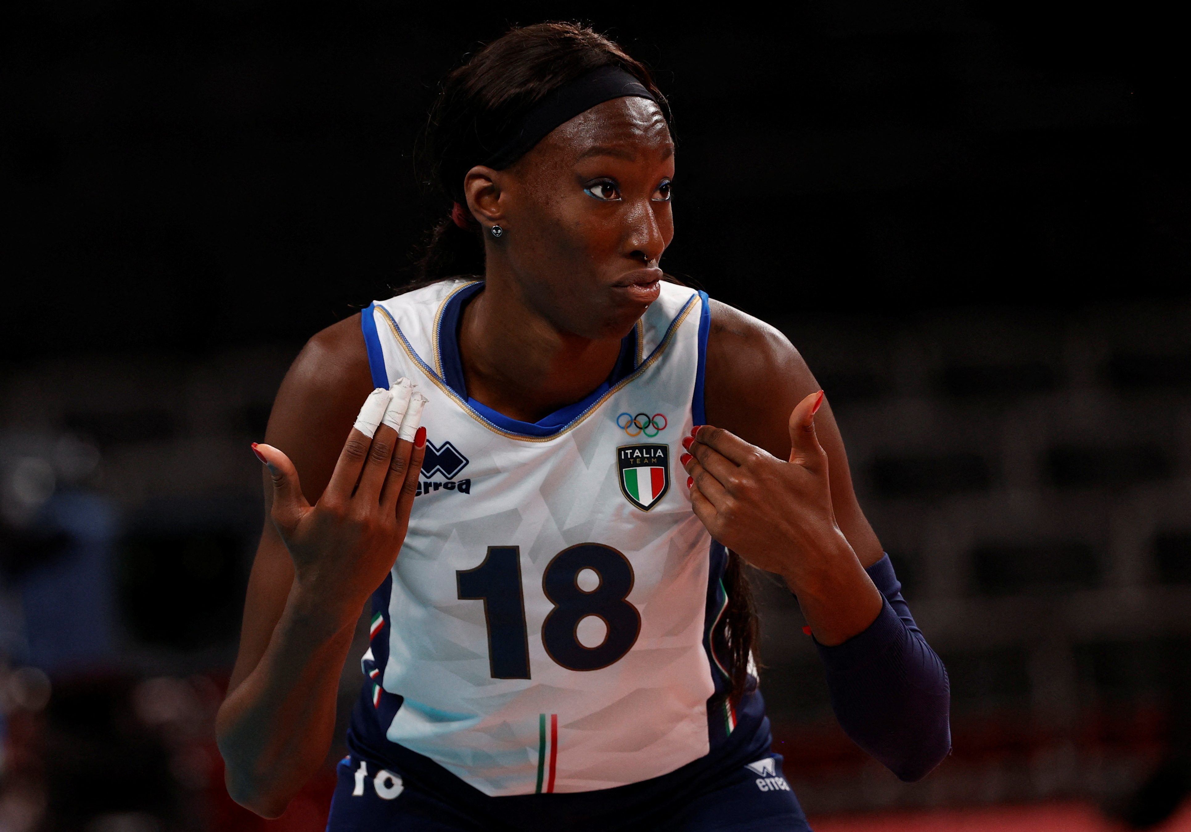 FILE PHOTO: Tokyo 2020 Olympics - Volleyball - Women's Quarterfinal - Serbia v Italy - Ariake Arena, Tokyo, Japan – August 4, 2021. Paola Egonu of Italy reacts REUTERS/Valentyn Ogirenko/File Photo