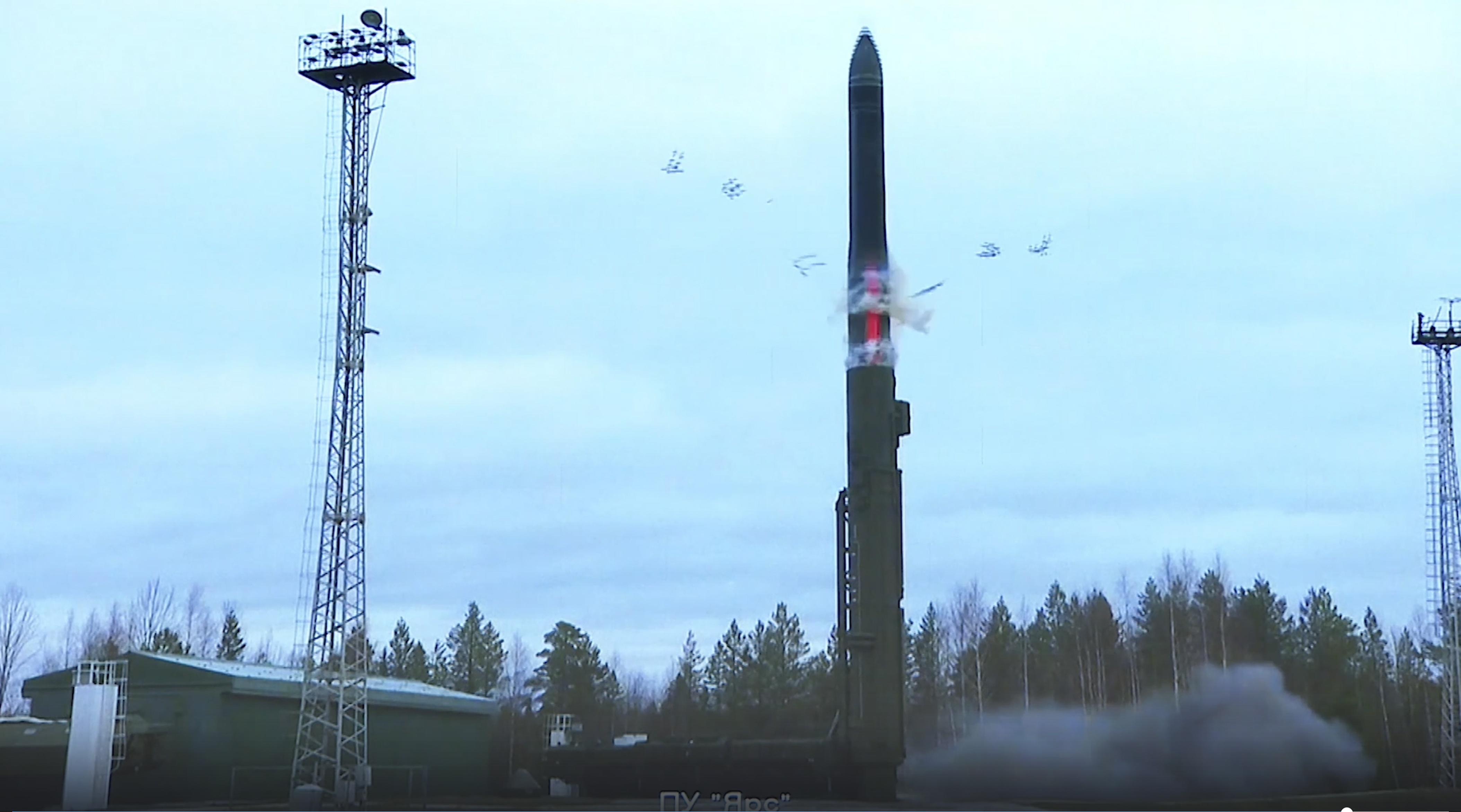 In this handout photo taken from video released by Russian Defense Ministry Press Service on Wednesday, Oct. 26, 2022, A Yars intercontinental ballistic missile is test-fired as part of Russia's nuclear drills from a launch site in Plesetsk, northwestern Russia. Russian President Vladimir Putin has monitored drills of the country's strategic nuclear forces involving multiple practice launches of ballistic and cruise missiles. The Kremlin said in a statement that all the test-fired missiles reached their designated targets. (Russian Defense Ministry Press Service via AP)