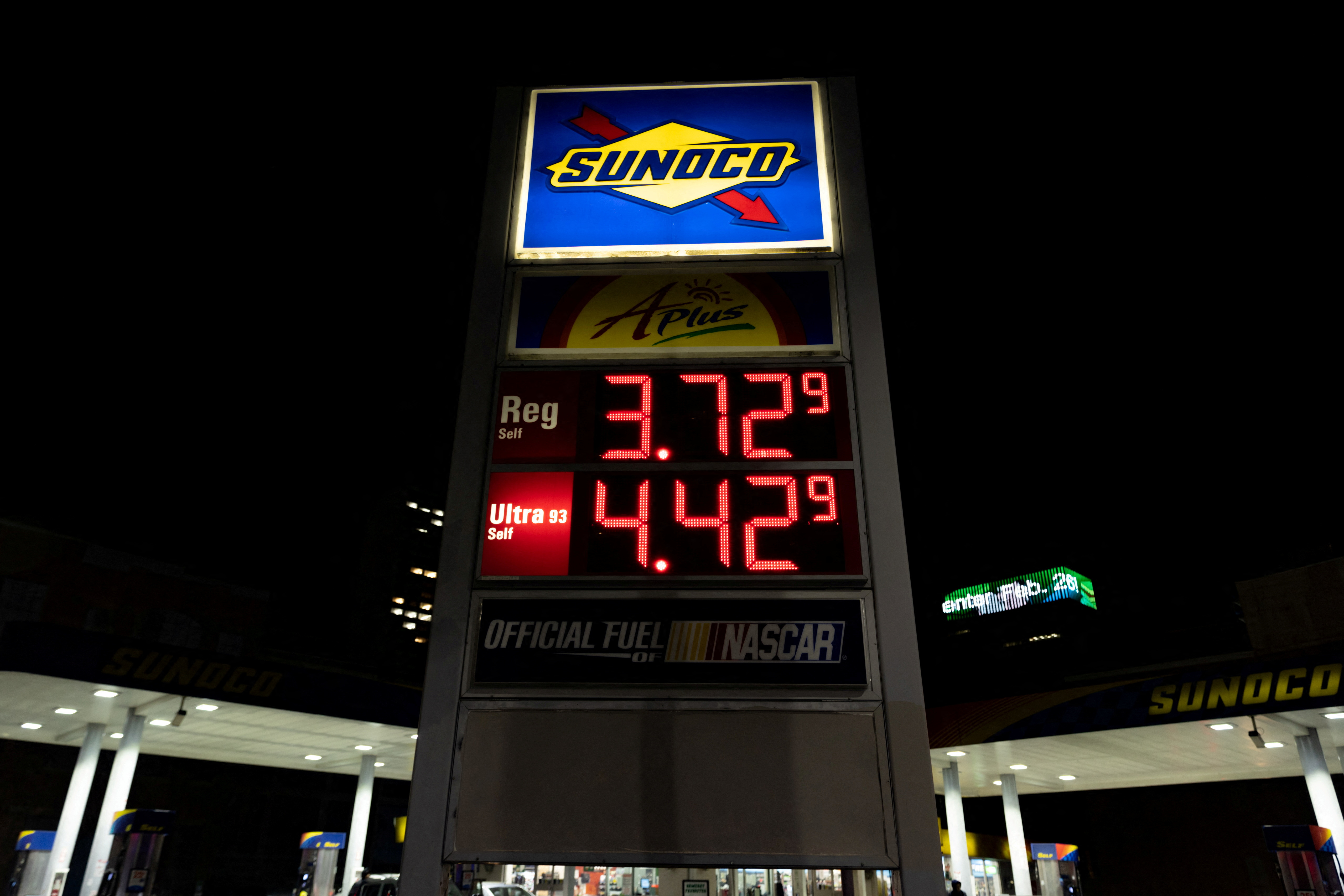 Gas prices are displayed at a Sunoco gas station after the inflation rate hit a 40-year high in January, in Philadelphia, Pennsylvania, U.S.