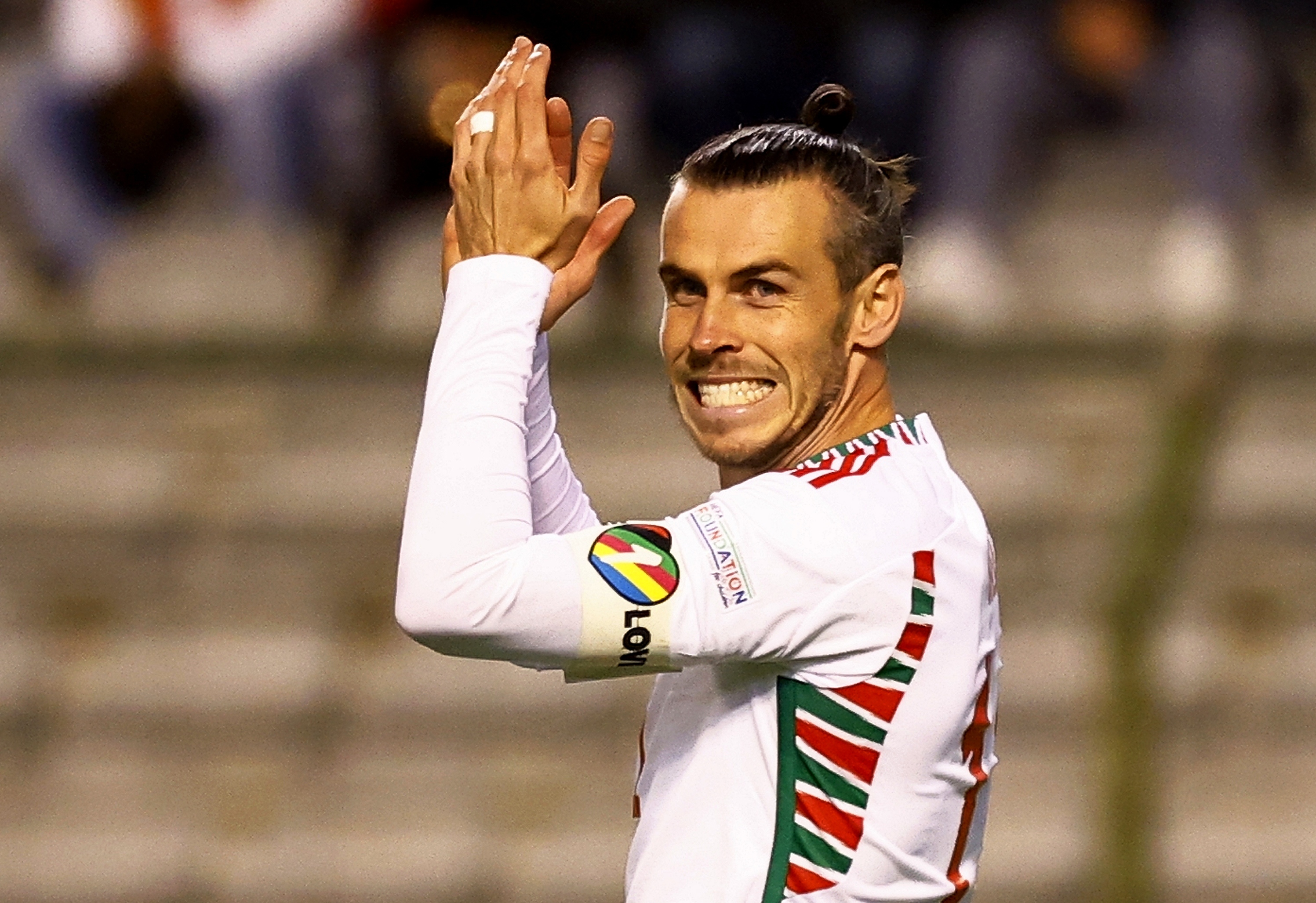 Gareth Bale of Wales wears a special 'OneLove' captain's armband.