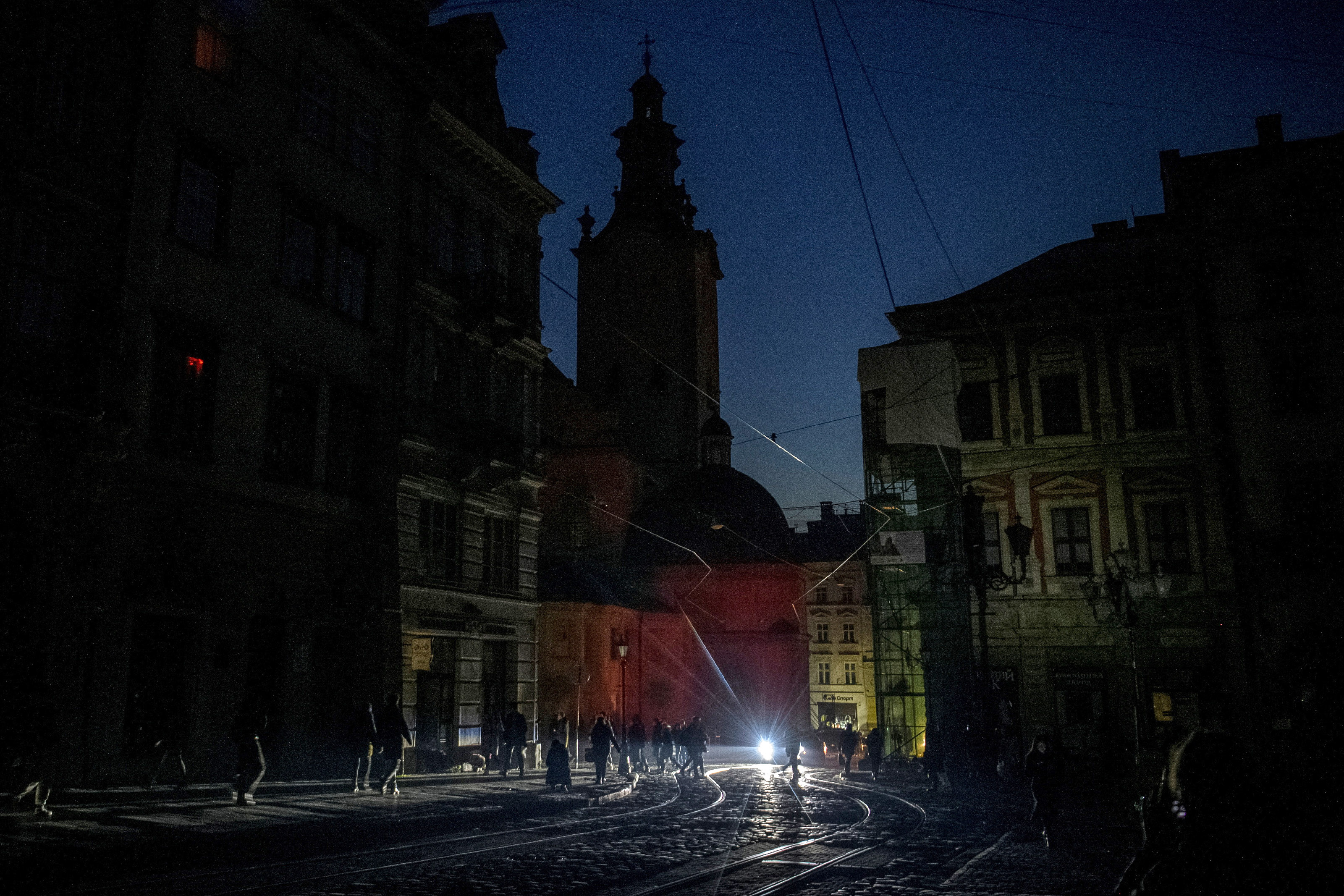 A view shows the city centre without electricity.