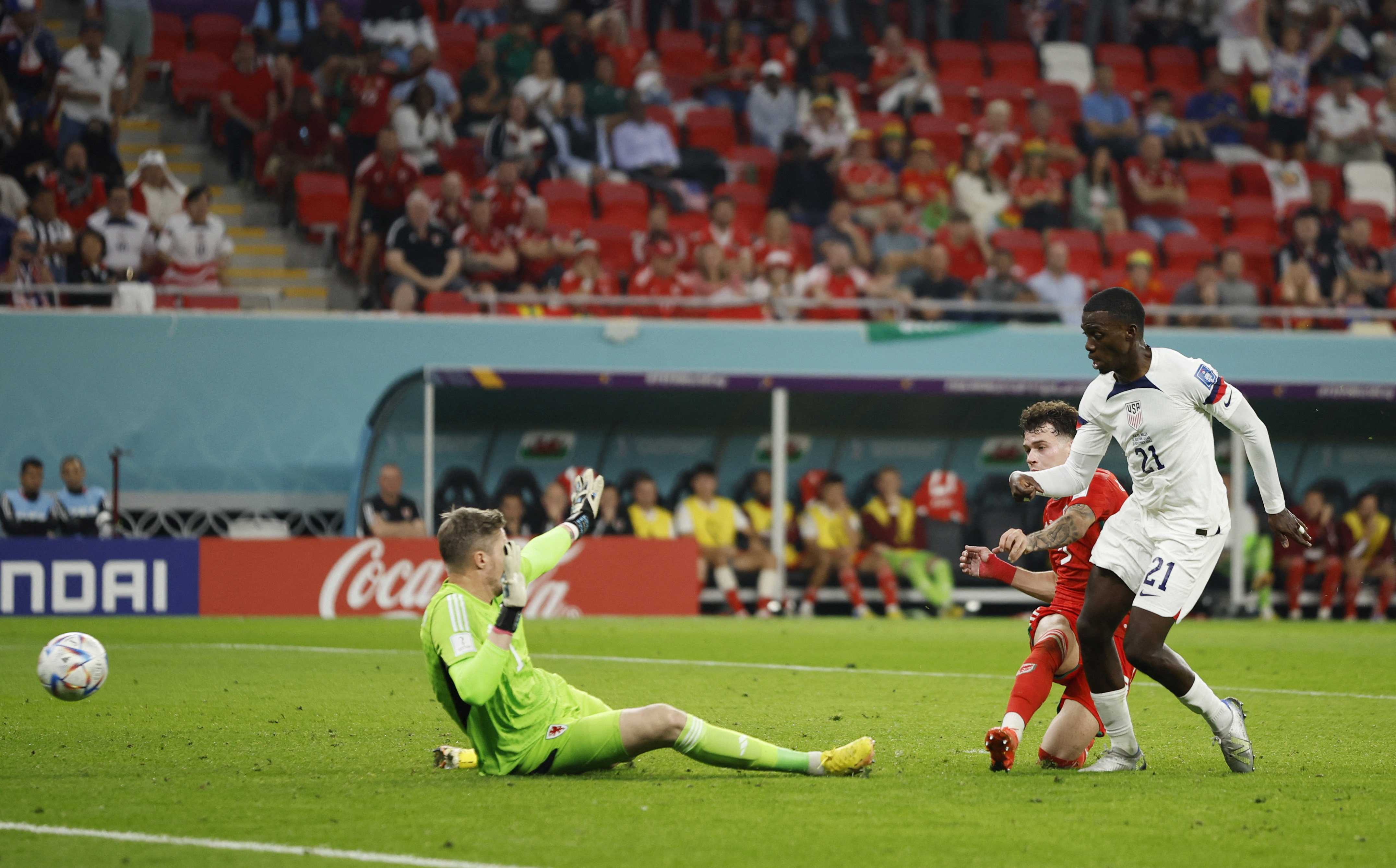 Timothy Weah of the U.S. scores their first goal