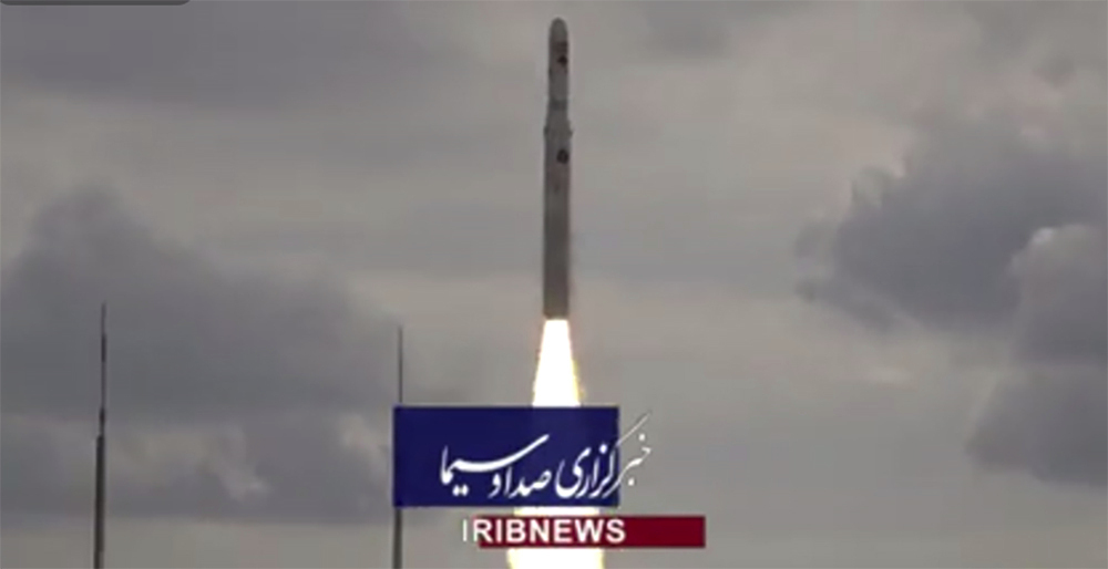 This image taken from video footage aired by Iranian state television on Saturday, Nov. 5, 2022, shows the launch of a satellite carrier