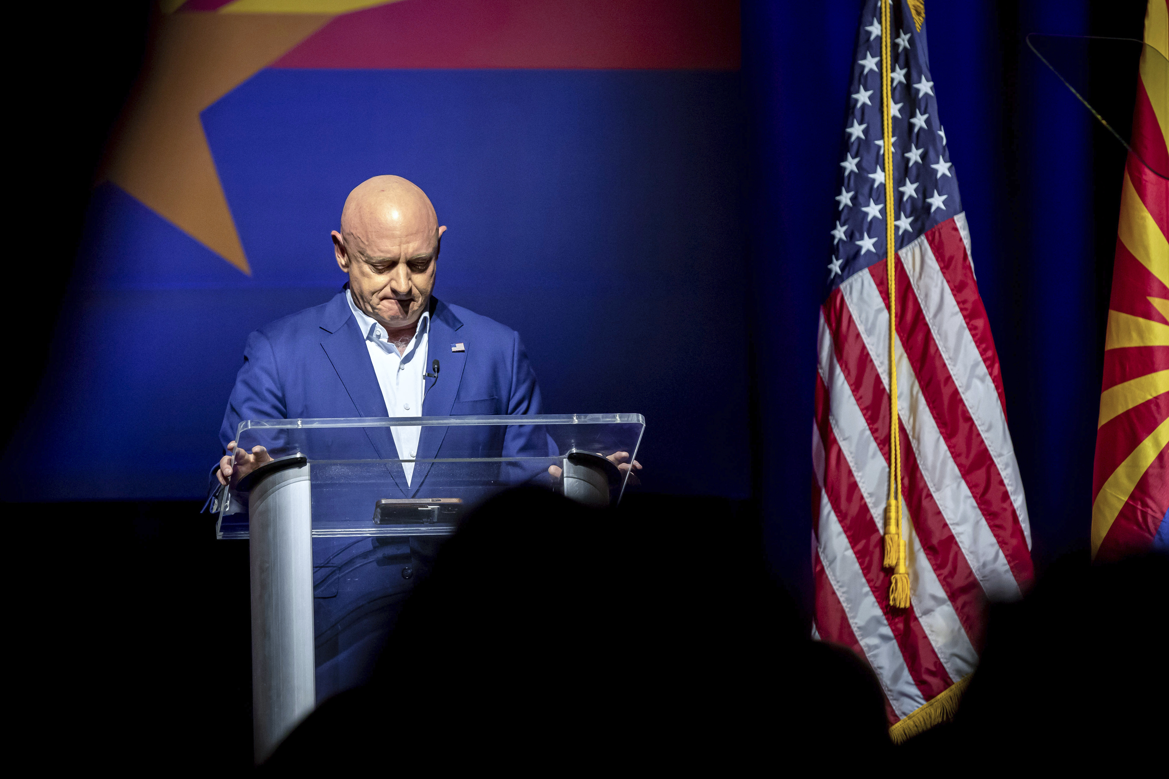 Senator Mark Kelly addresses supporters at an election night event in Tucson, Arizona