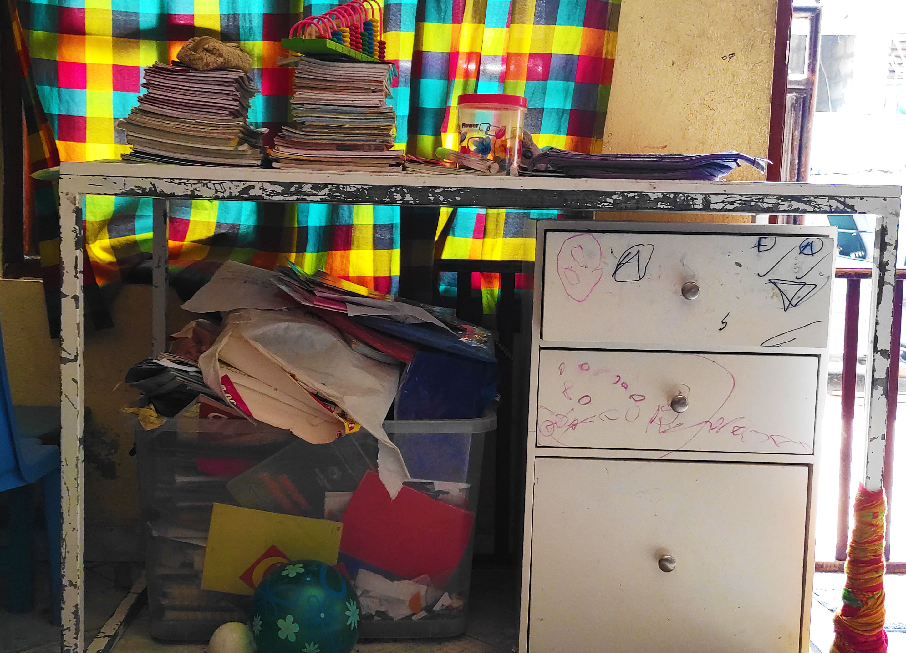 A desk with school books on it