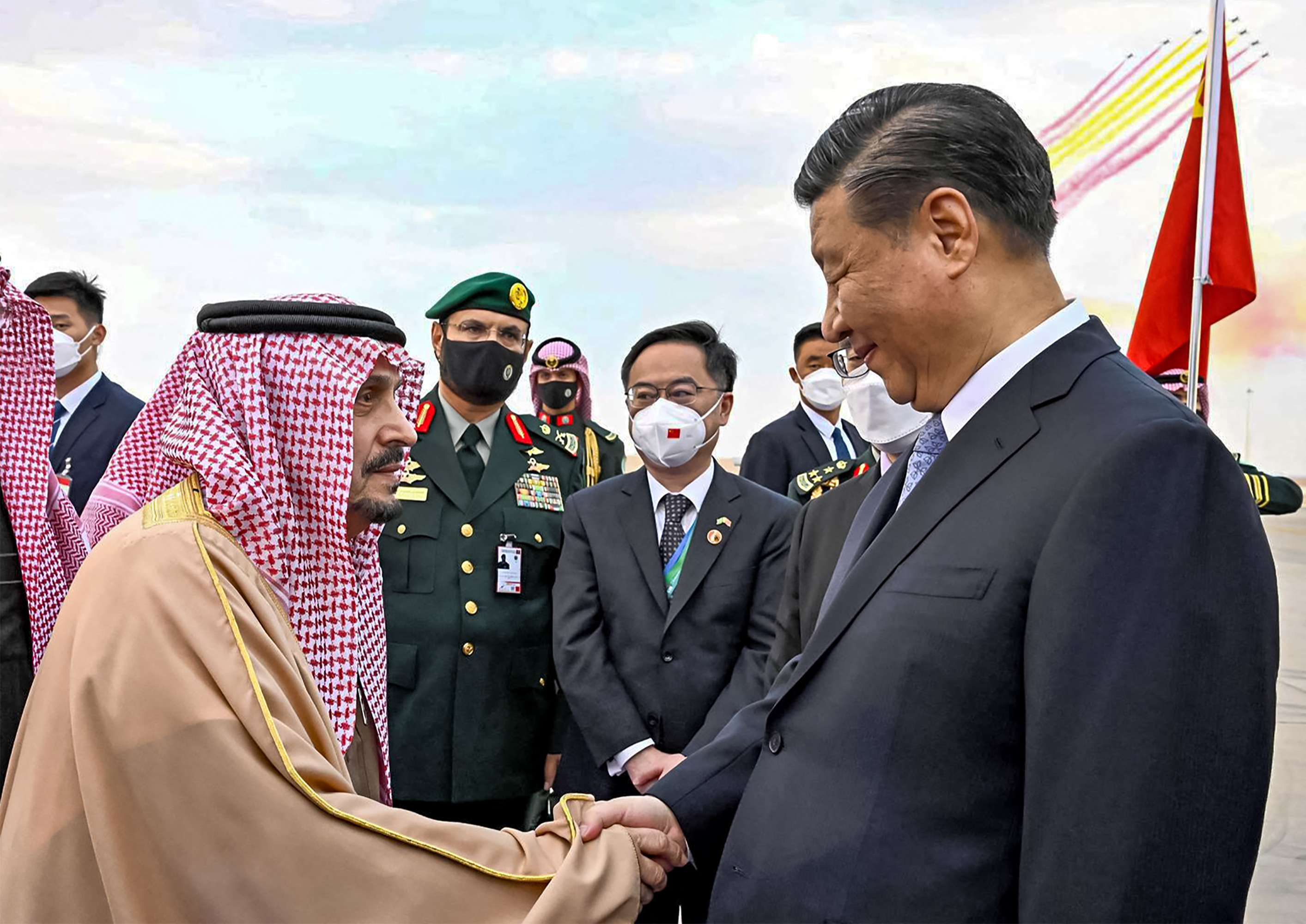 China's President Xi Jinping being received by the Governor of Riyadh province Prince Faisal bin Bandar al-Saud