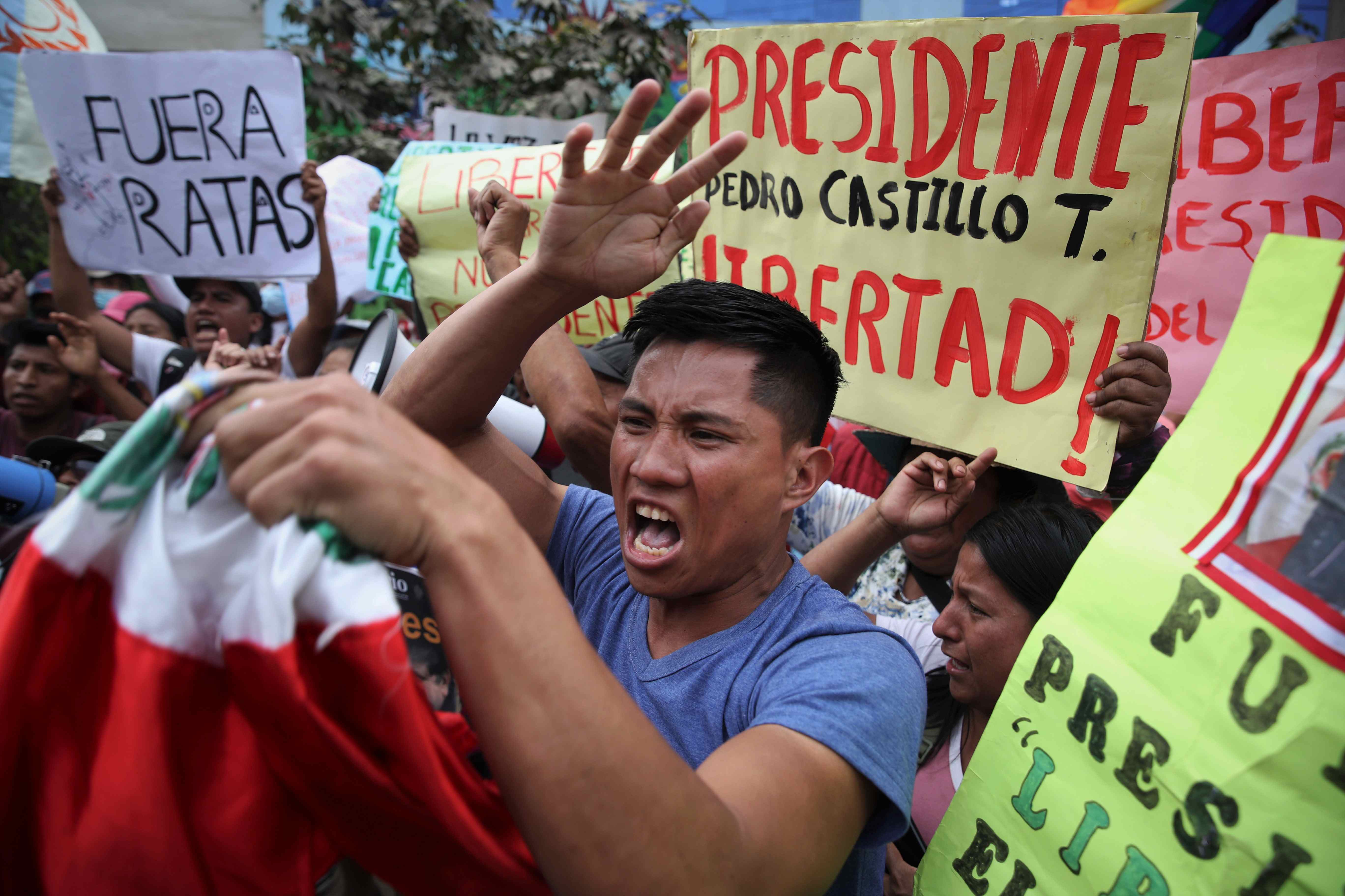 Supporters of removed Peruvian President Pedro Castillo protest