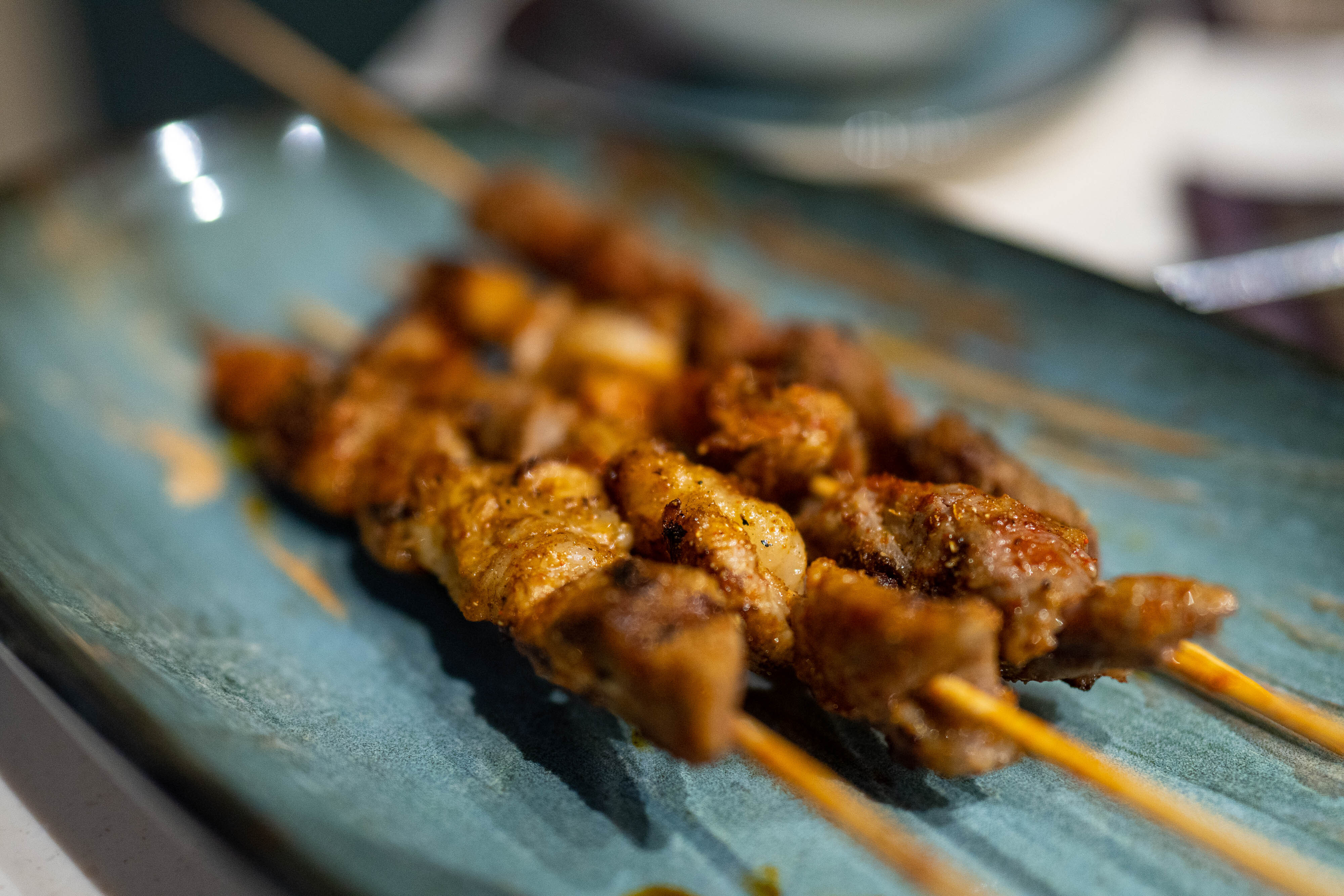 closeup of a skewer of Chinese barbecued lamb
