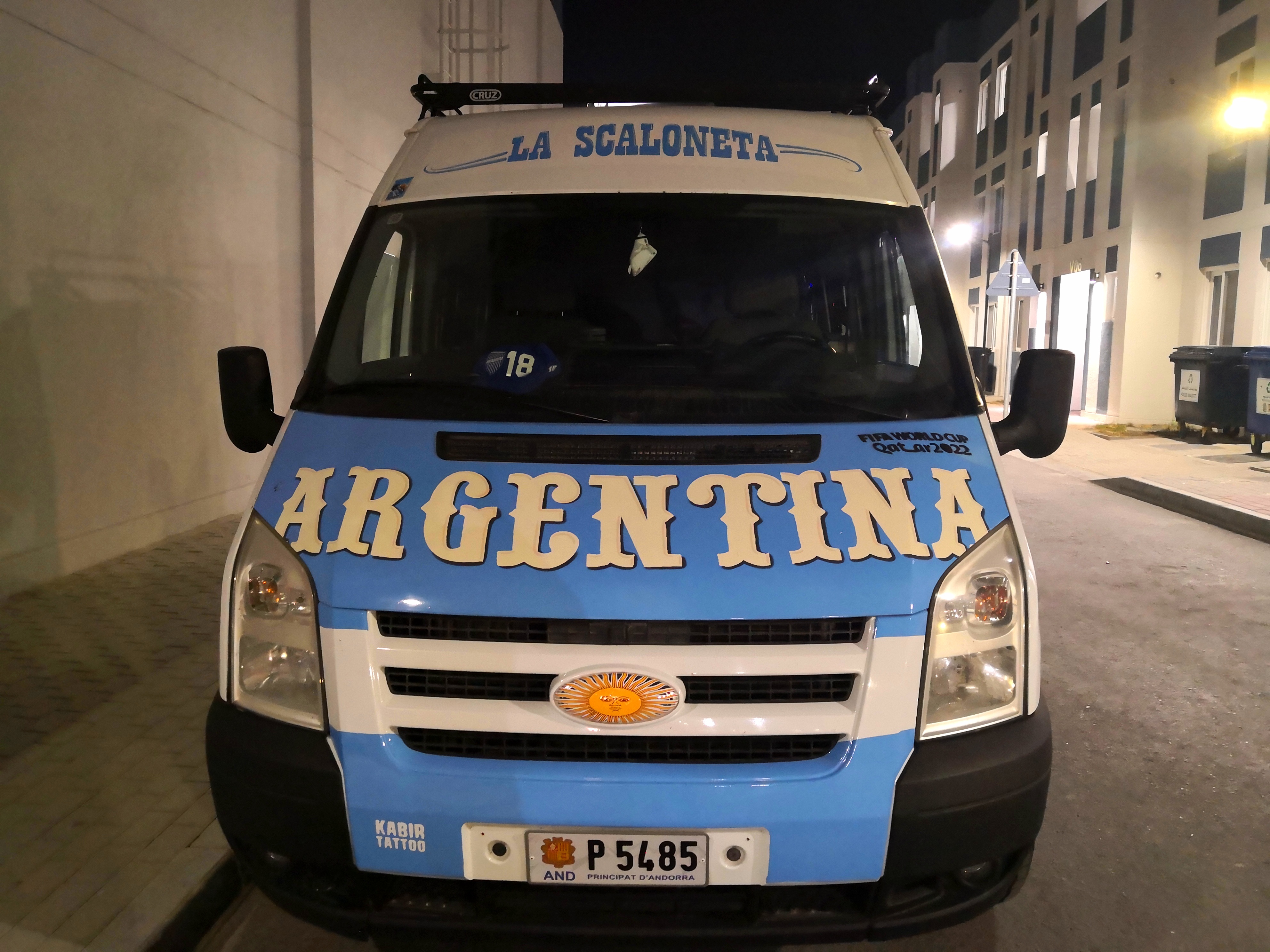 The ‘La Scolenta’ van parked in the apartment complex in Barahat Al Janoub, or Barwargento, where Argentina supporter are staying in the south of Qatar (Hafsa Adil/Al Jazeera)