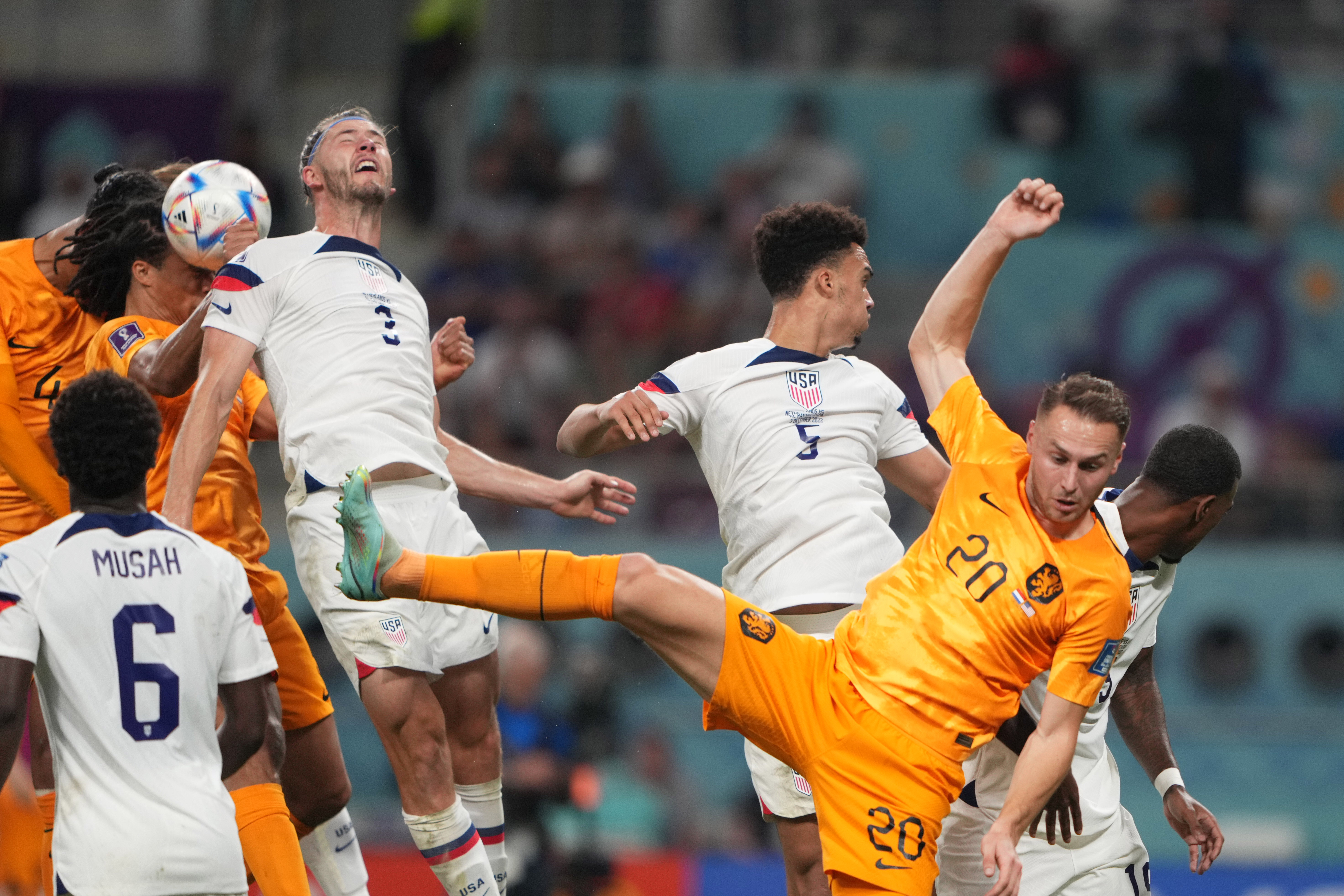 US and Dutch players in action during the Netherlands vs USA game.