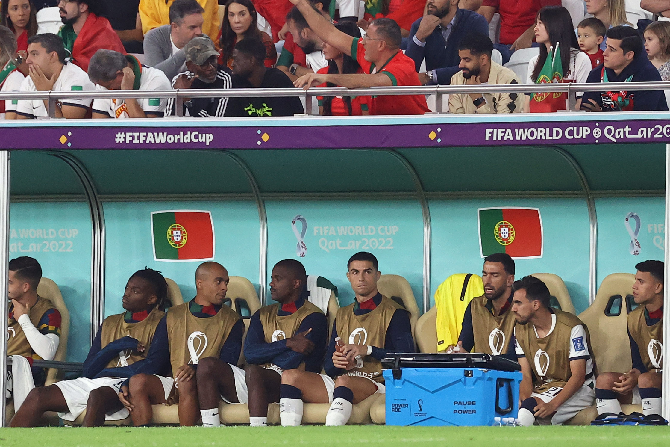 Cristiano Ronaldo on the Portuguese bench during Portugal's clash with Morocco at Al Thumama Stadium on December 10.