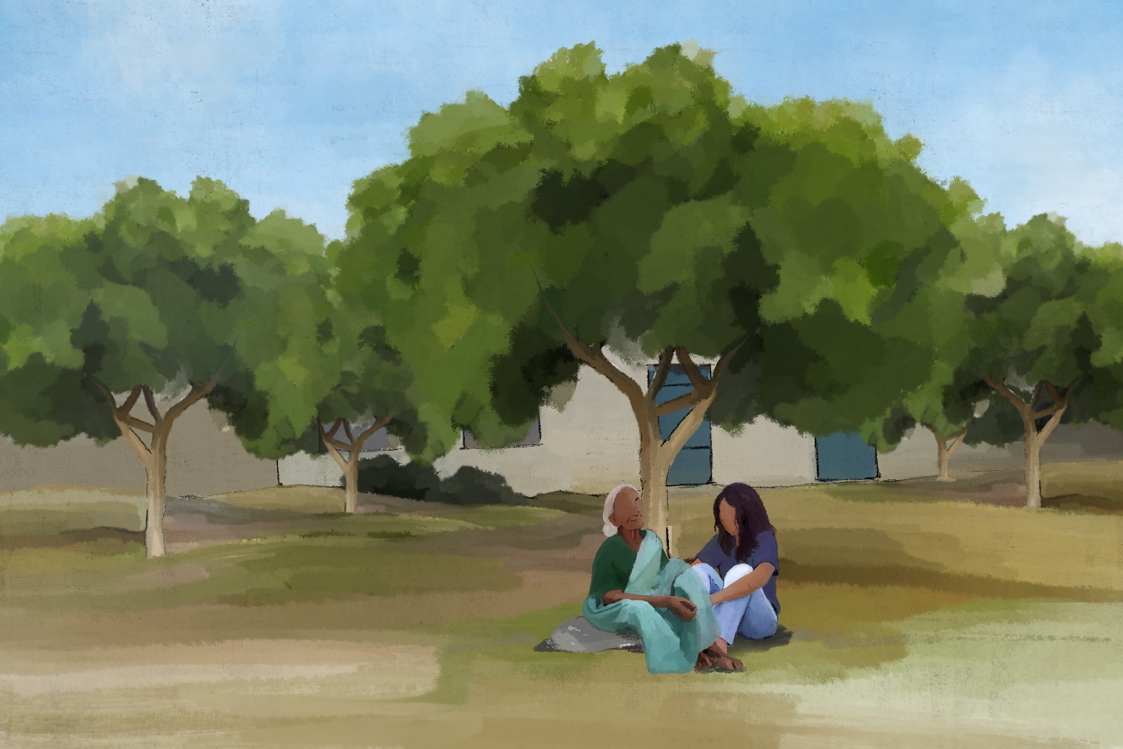 An illustration of two people sitting in the grass a park, knee to knee.