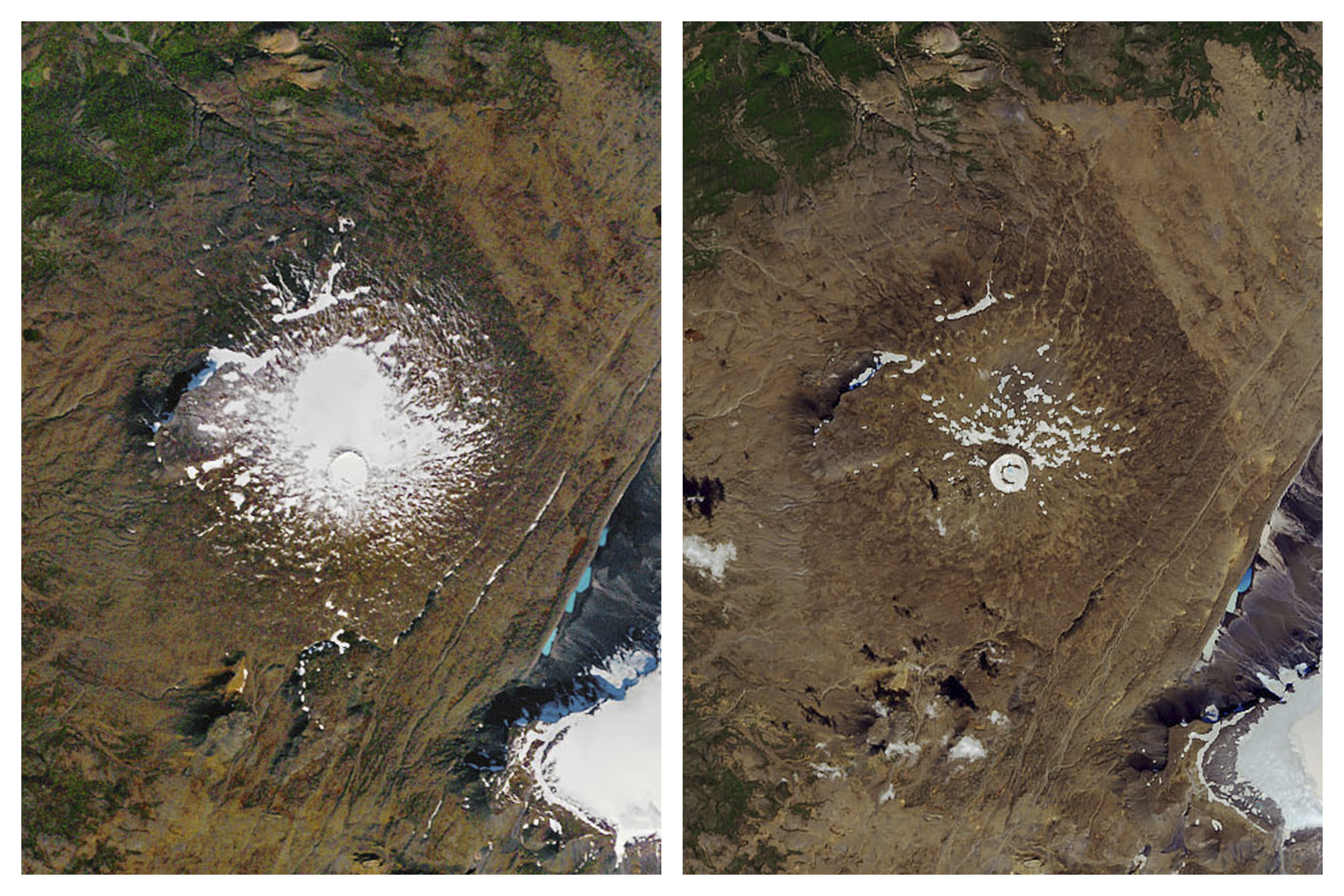 This combination of Sept. 14, 1986, left, and Aug. 1, 2019 photos provided by NASA shows the shrinking of the Okjokull glacier on the Ok volcano in west-central Iceland