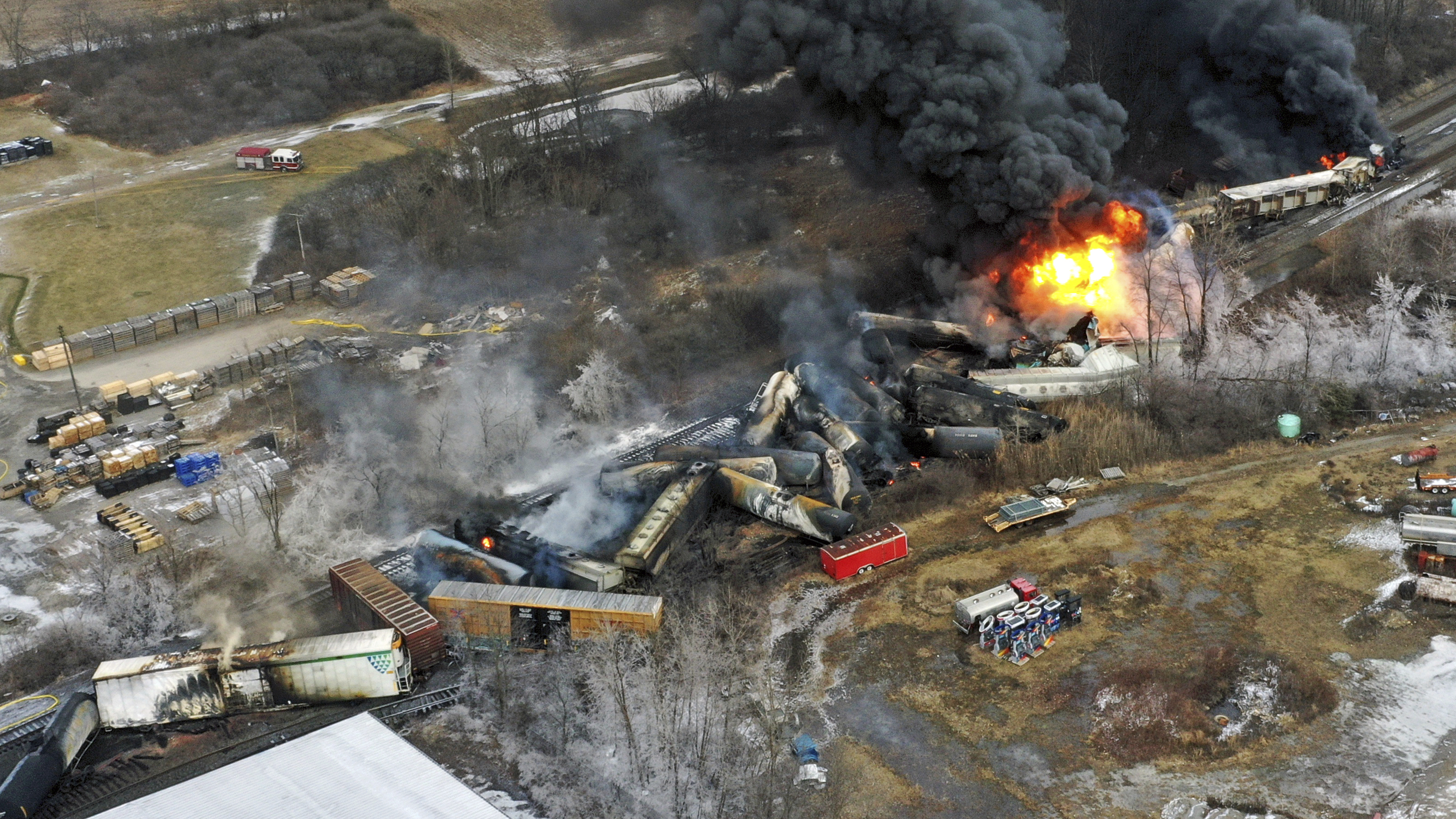 Drone photo shows train derailment in Ohio