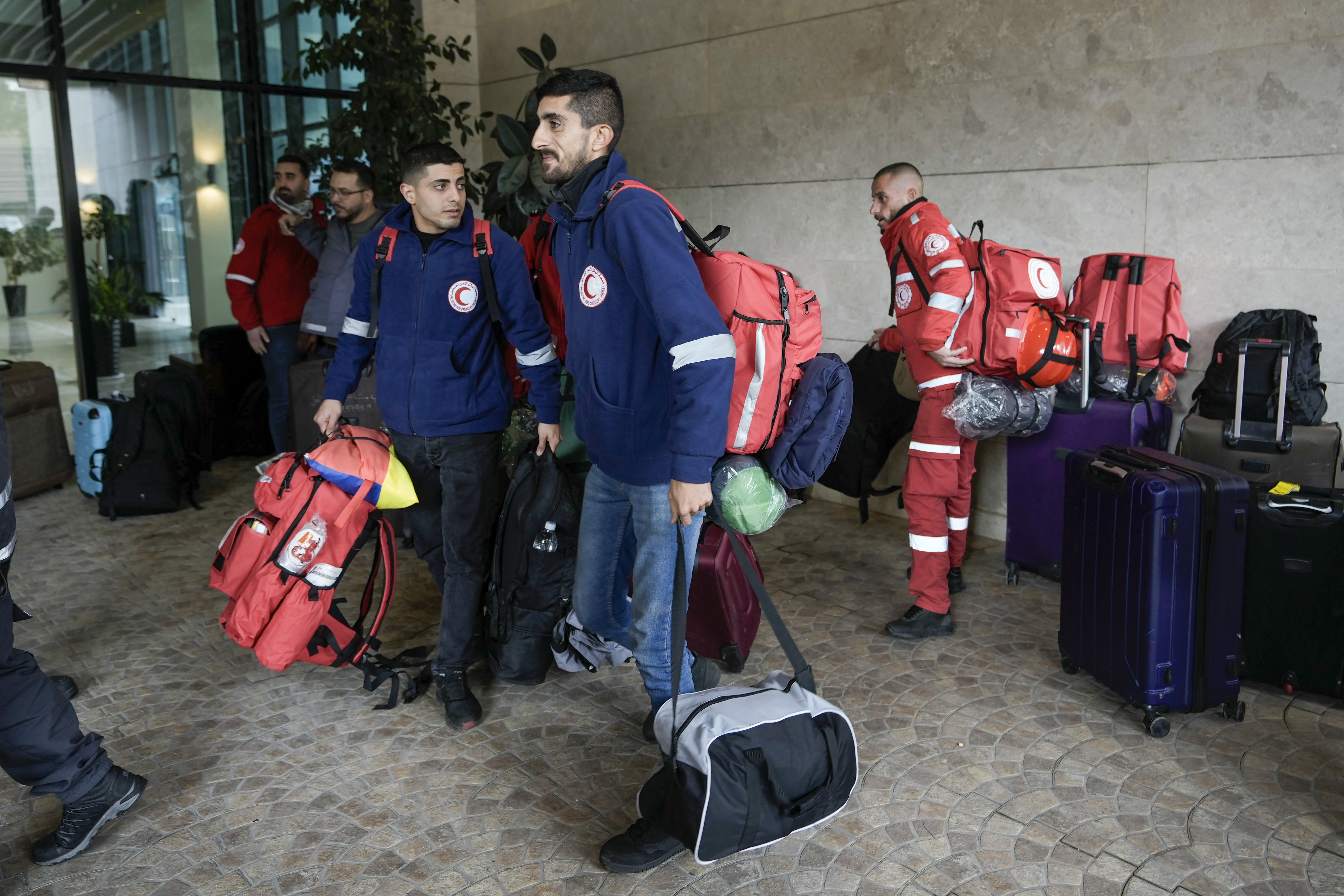 A Palestinian civil defense team including members of the Palestinian Ministry of Health